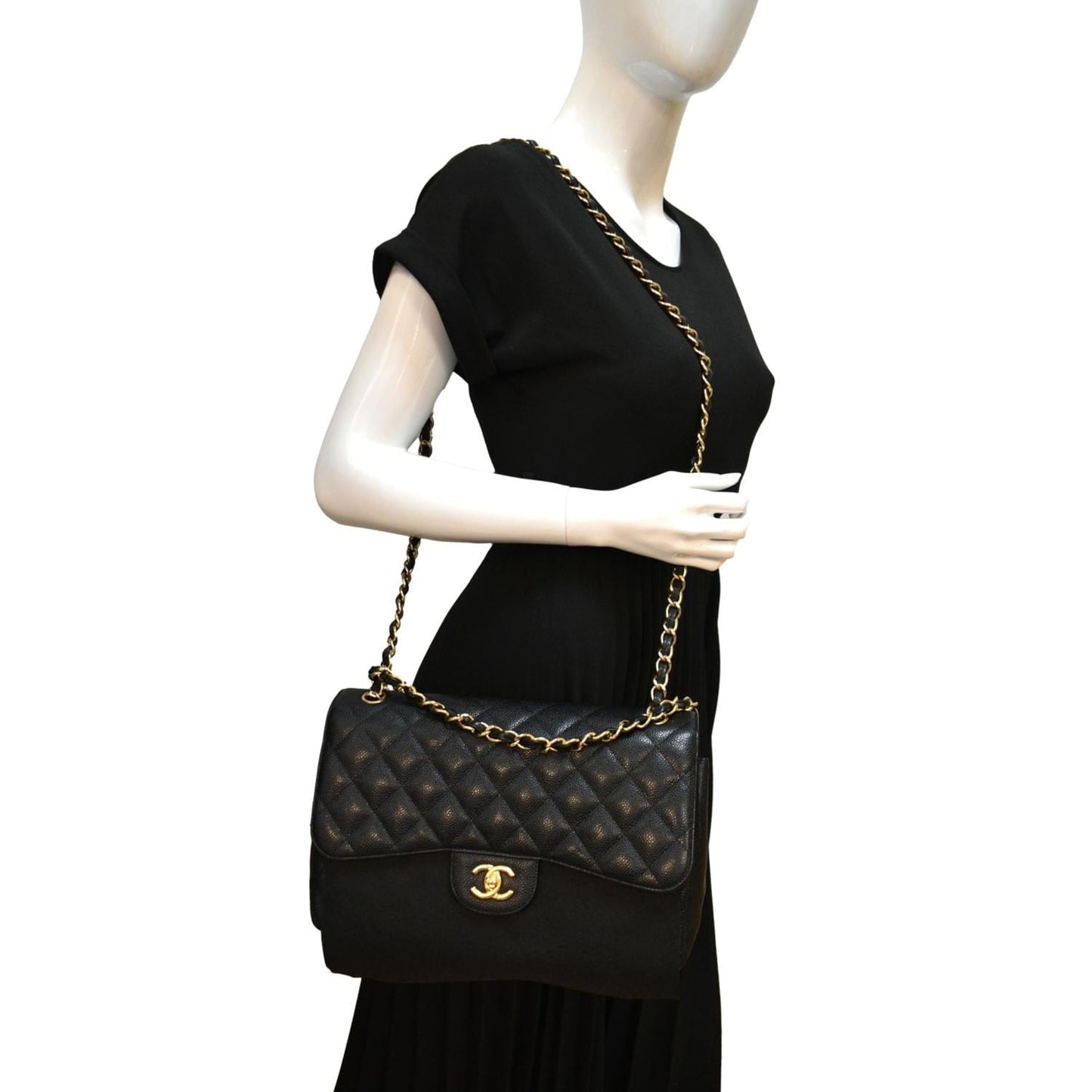 Chanel Classic Jumbo Double Flap Caviar Leather Black Travel Bag Bag Medium