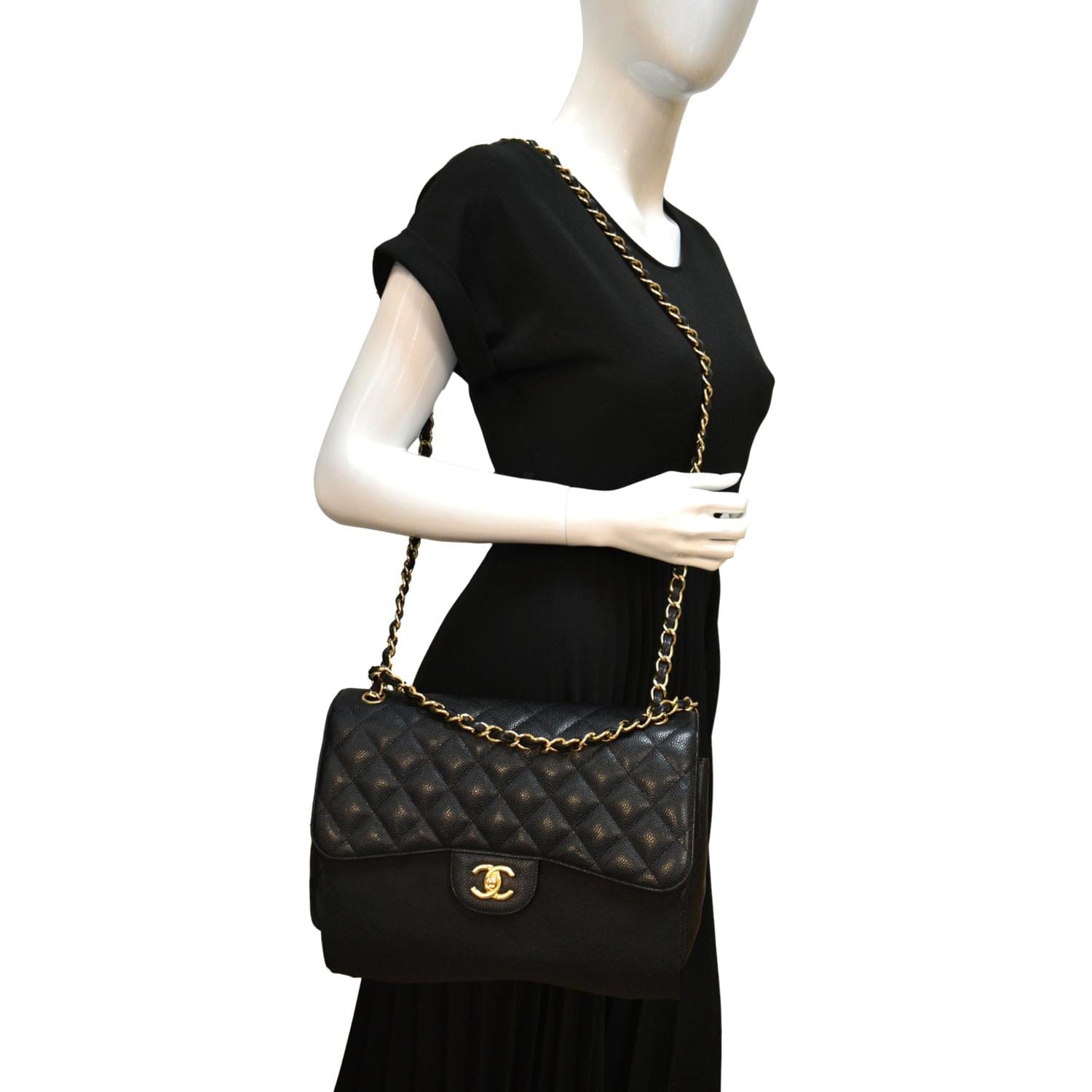 Chanel Classic Jumbo Double Flap Caviar Leather Black Travel Bag Bag Medium