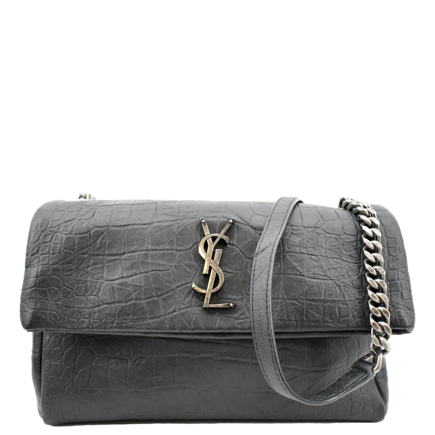 YSL Saint Laurent Saint West Hollywood Fold Over Croc Embossed Black Crossbody Bag