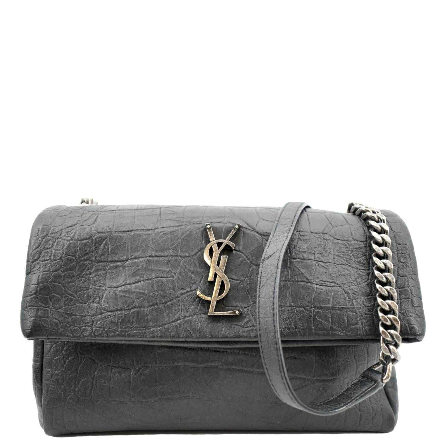 YSL Saint Laurent Saint West Hollywood Fold Over Croc Embossed Black Crossbody Bag