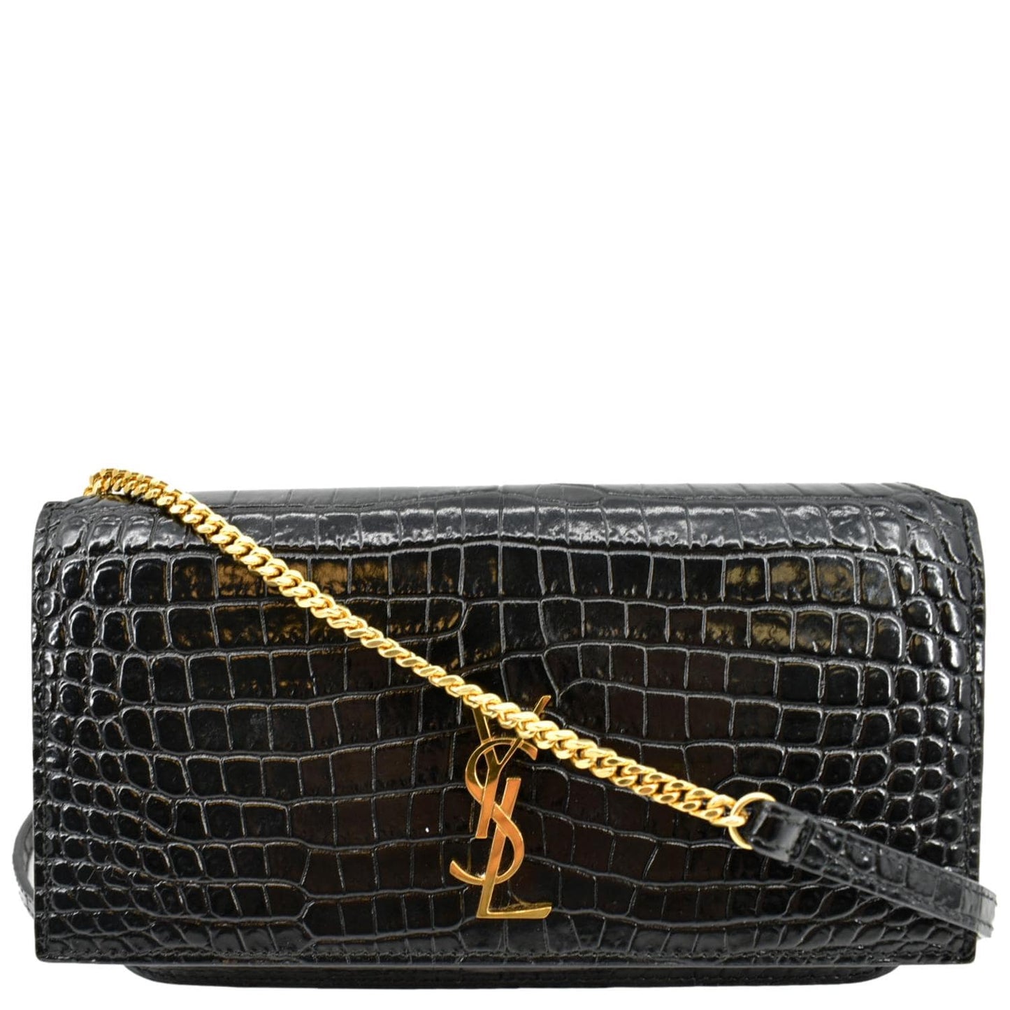 YSL Saint Laurent Yves Kate Crocodile Shoulder Bag Leather Black
