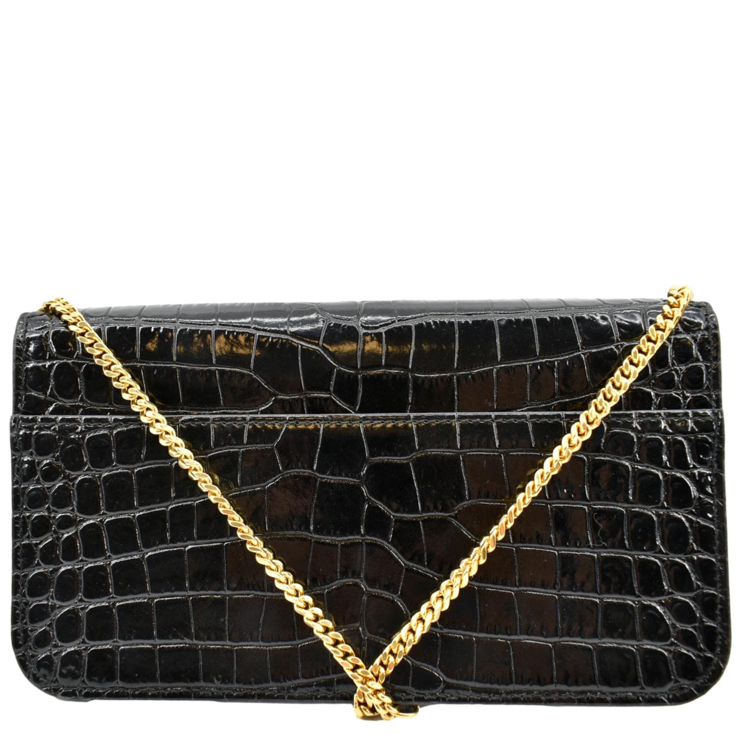 YSL Saint Laurent Yves Kate Crocodile Shoulder Bag Leather Black
