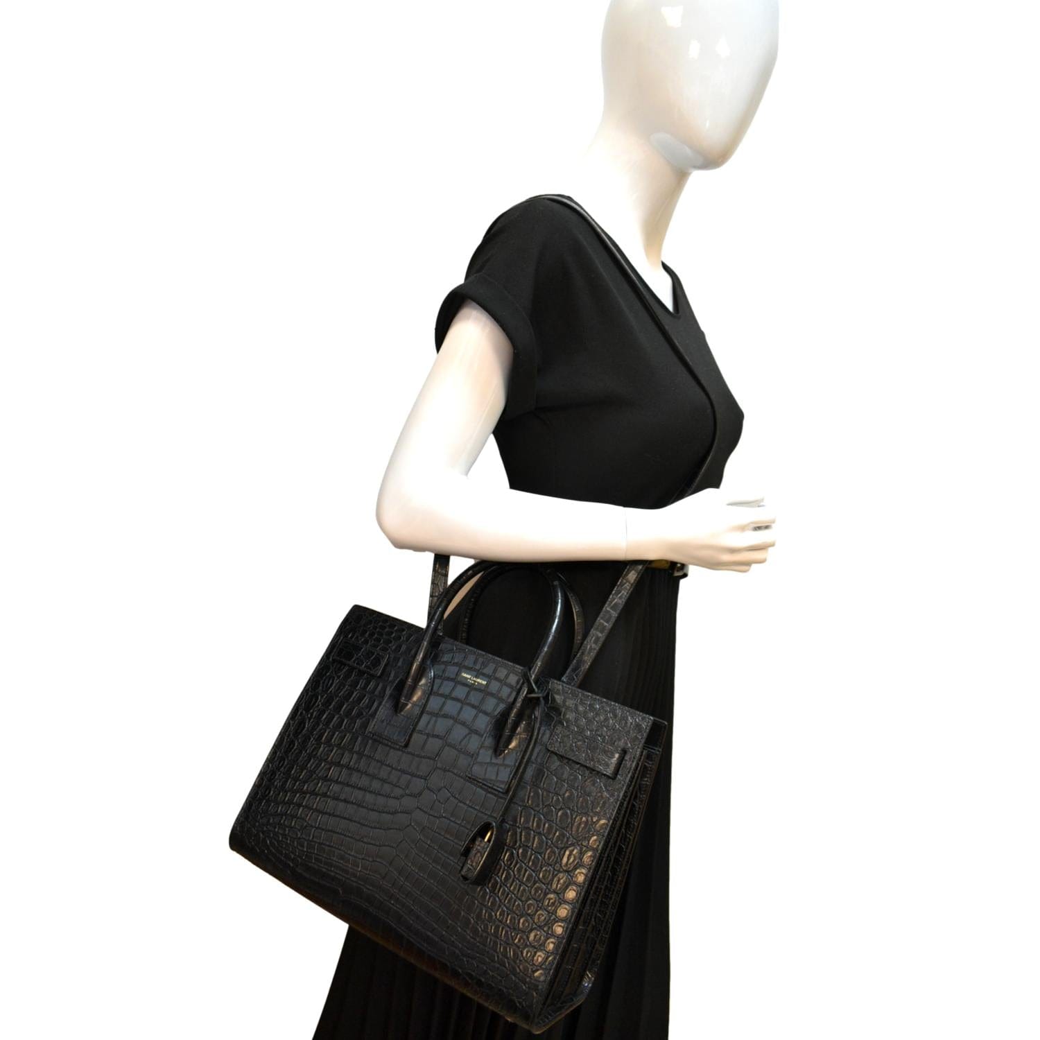 YSL Saint Laurent Saint Sac De Jour Crocodile Embossed Satchel Black Travel Bag