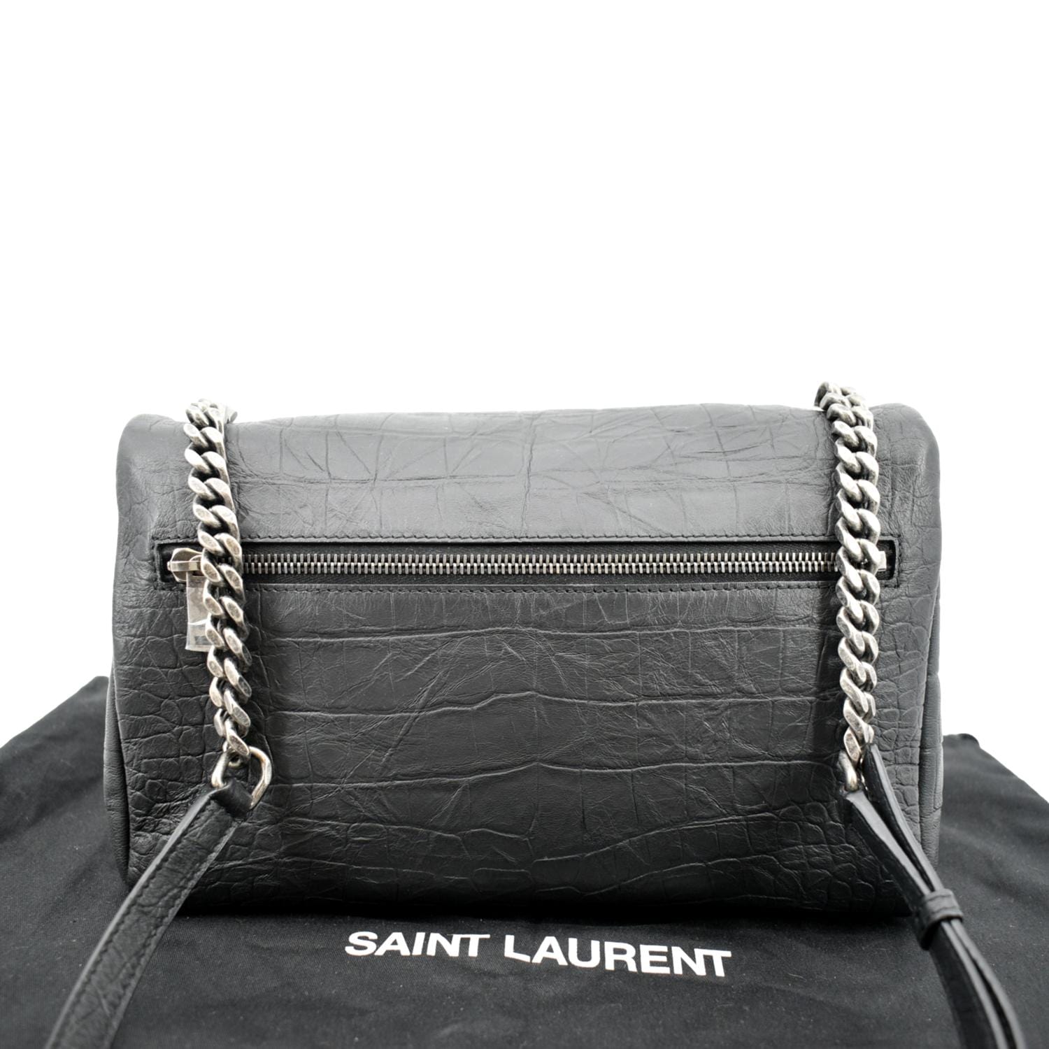 YSL Saint Laurent Yves West Hollywood Fold Over Croc Crossbody Bag Black Embossed
