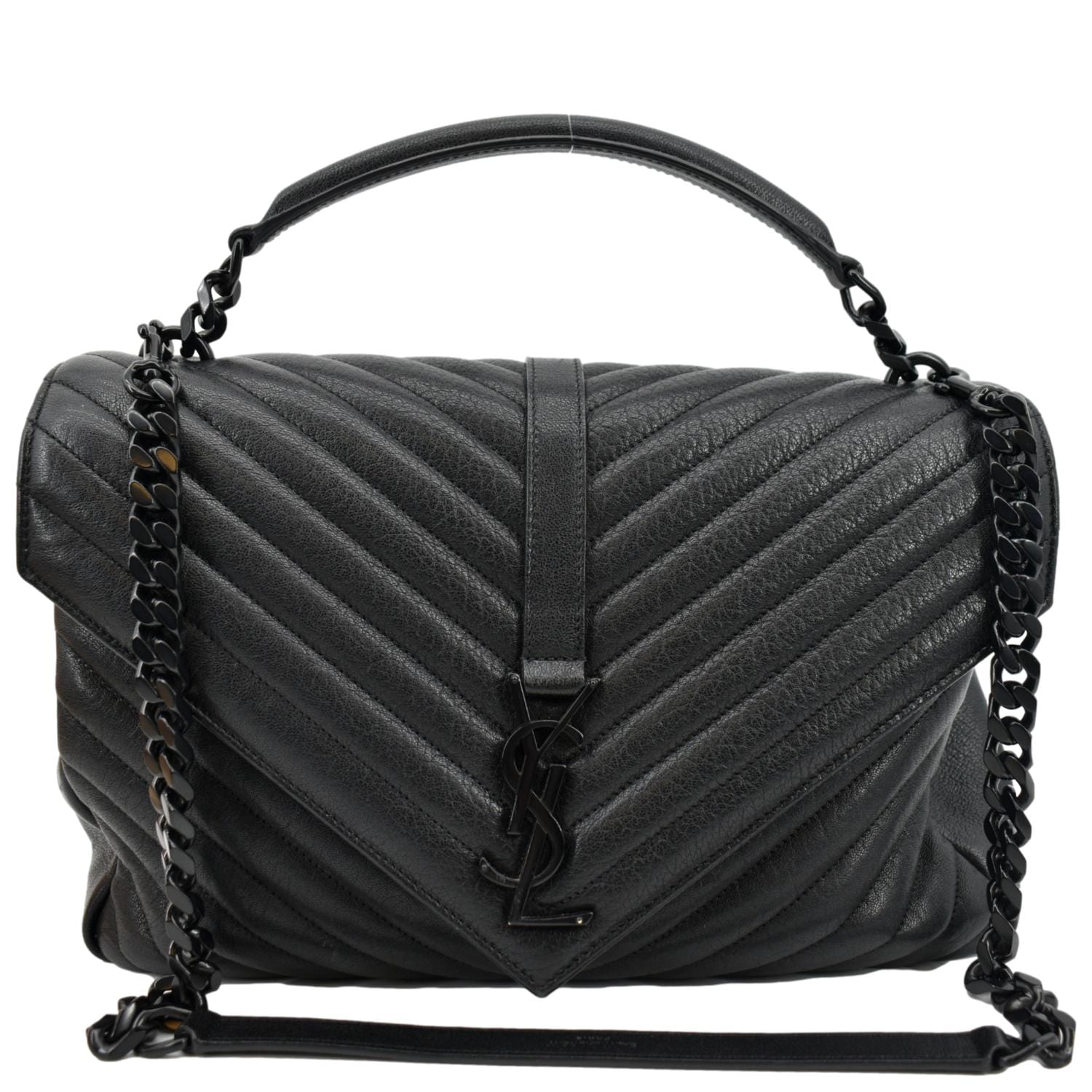 YSL Saint Laurent Yves College Shoulder Bag Leather Lambskin Black Large Chain Bag