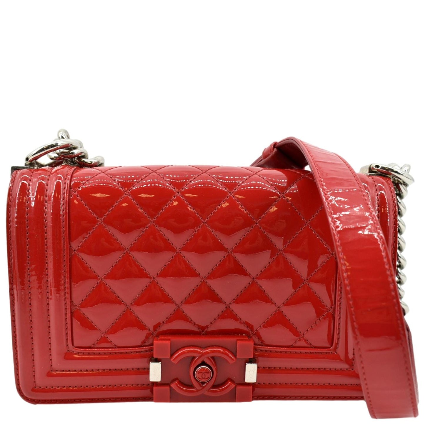 Chanel Boy Flap Quilted Patent Leather Red Travel Bag