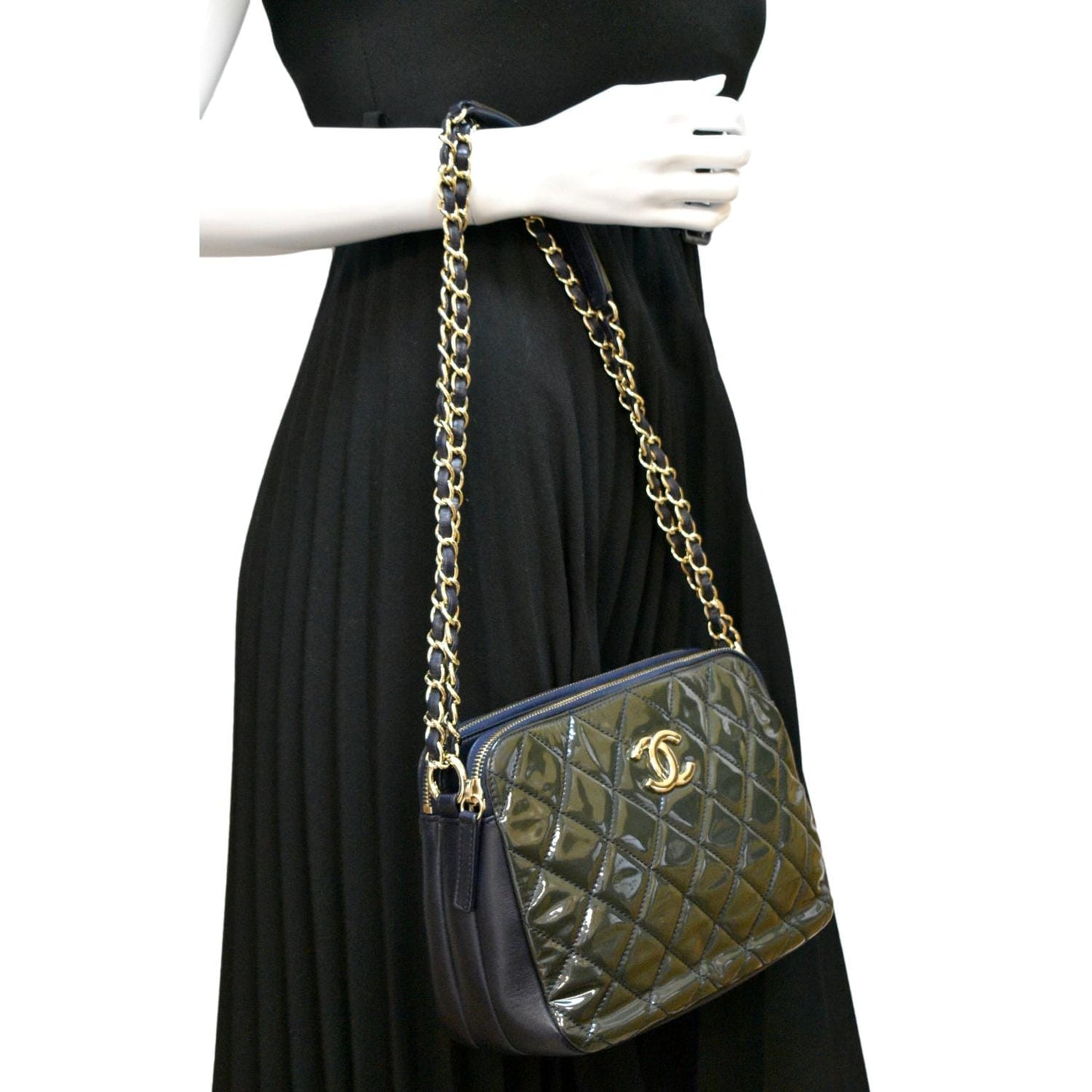 Chanel Double Zip Patent Navy Leather Blue Travel Bag