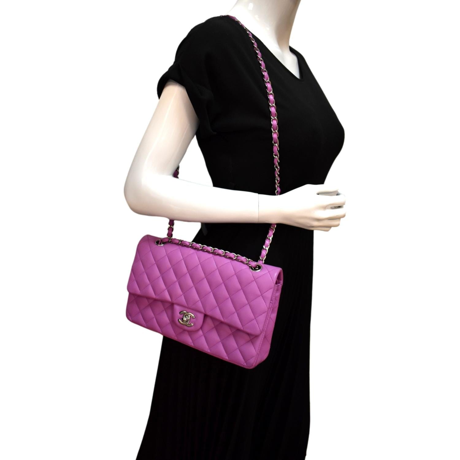 Chanel Classic Double Flap Quilted Neon Leather Pink Travel Bag