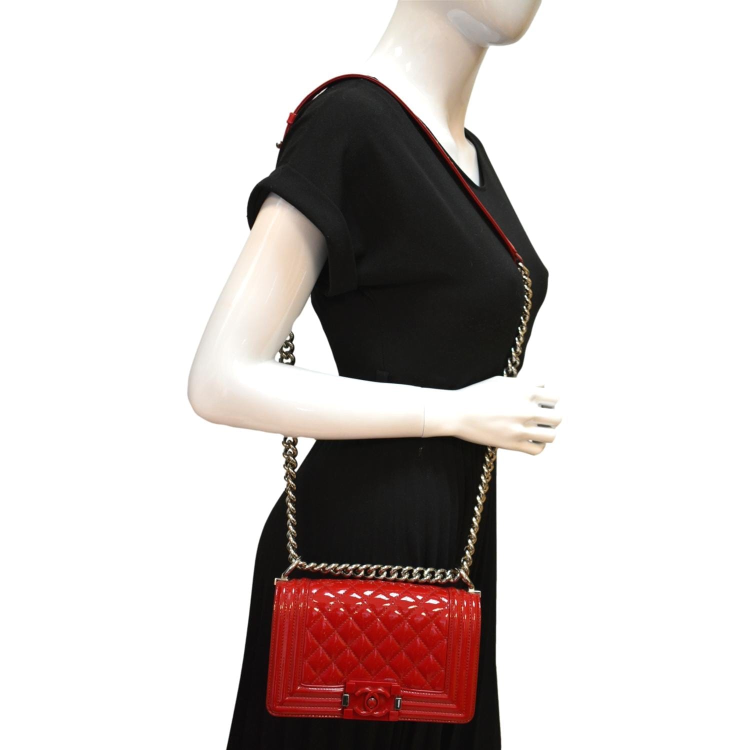 Chanel Boy Flap Quilted Patent Leather Red Travel Bag