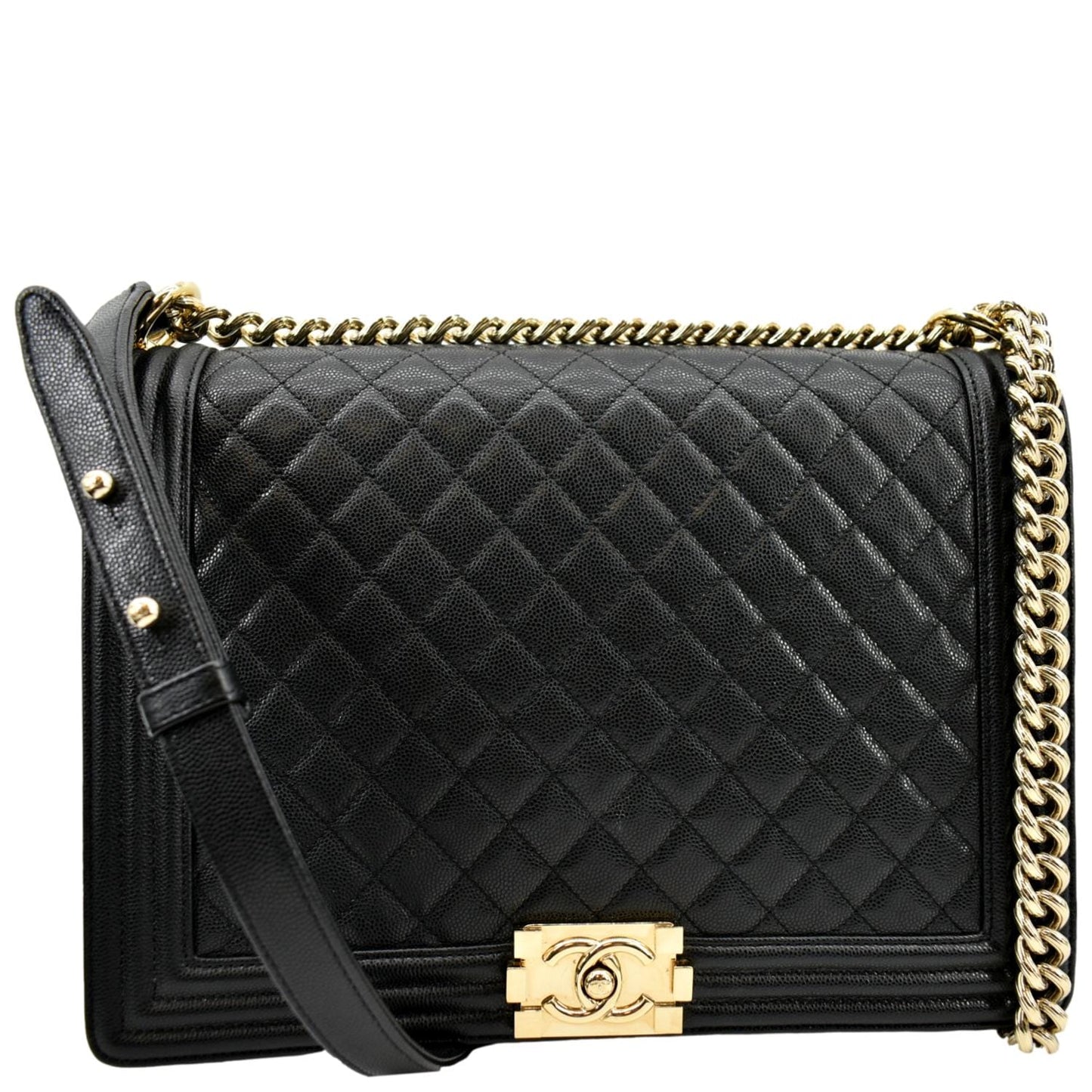 Chanel Boy Flap Caviar Leather Black Travel Bag Bag Large