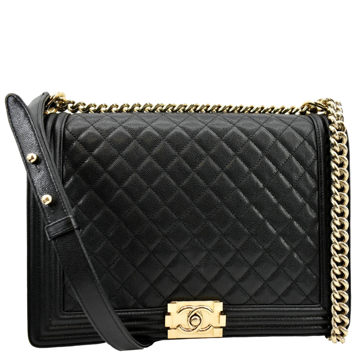 Chanel Boy Flap Caviar Leather Black Travel Bag Bag Large