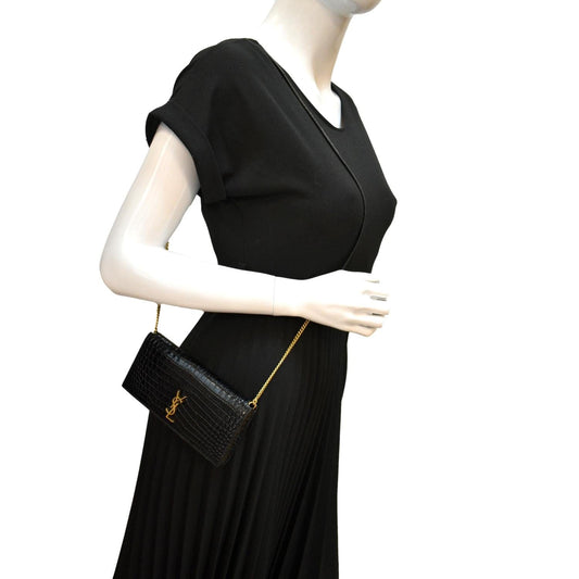 YSL Saint Laurent Yves Kate Crocodile Shoulder Bag Leather Black