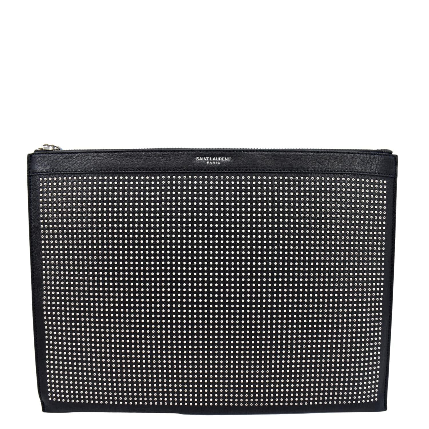YSL Saint Laurent Saint Zip Studded Pouch Travel Bag Leather Black