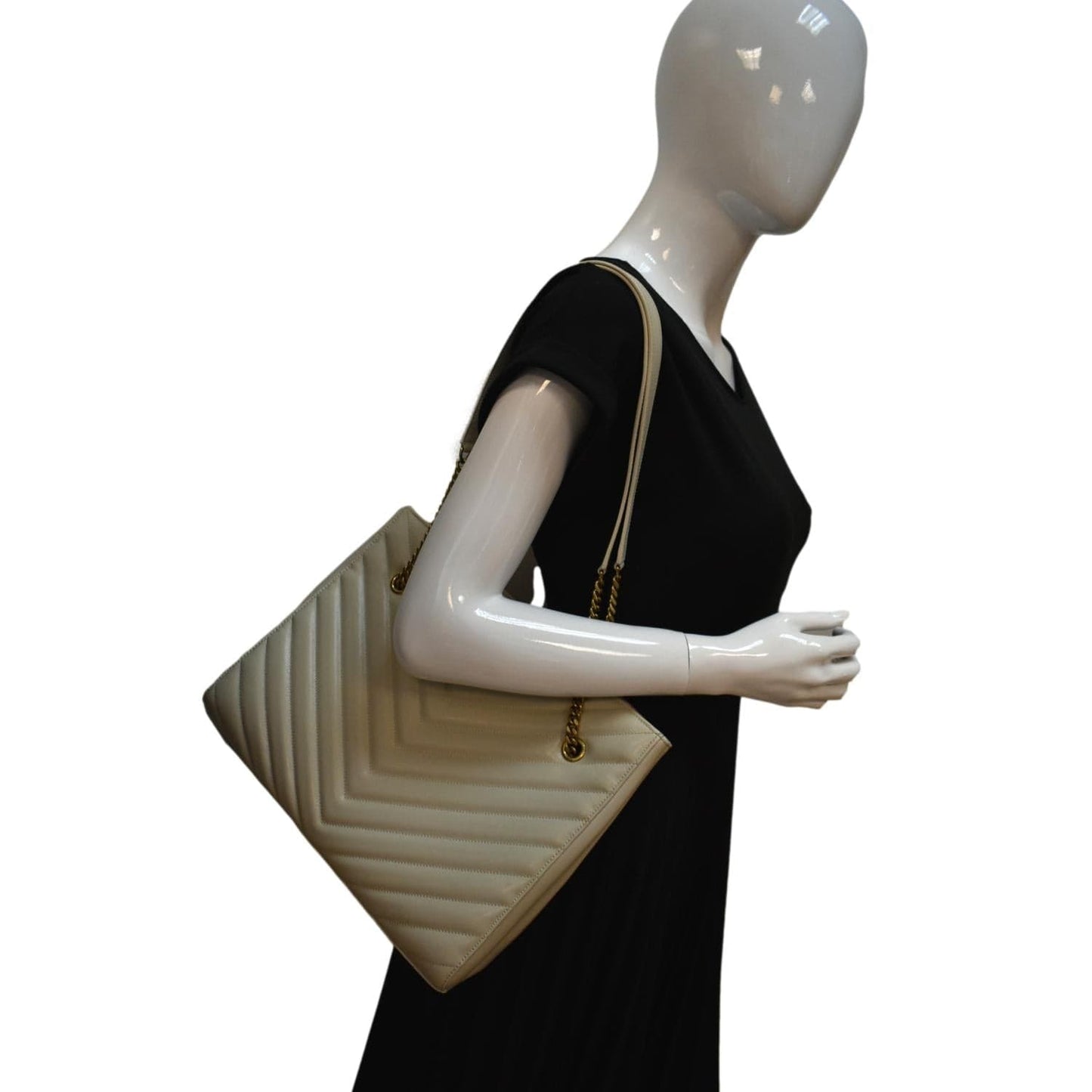 YSL Saint Laurent Yves Tribeca Grain De Poudre Shoulder Bag Leather White Medium