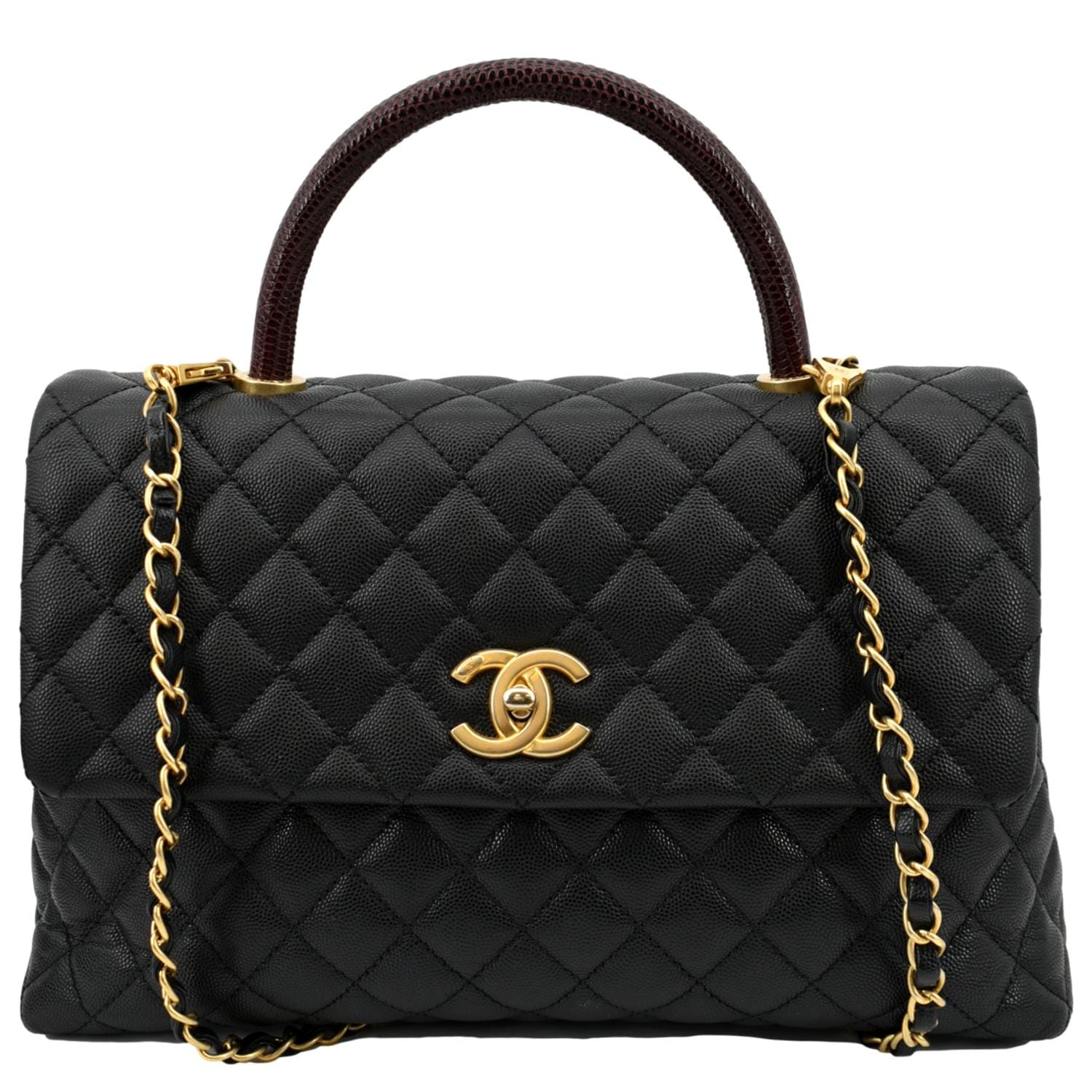 Chanel Coco Quilted Caviar Lizard Handle Black Travel Bag
