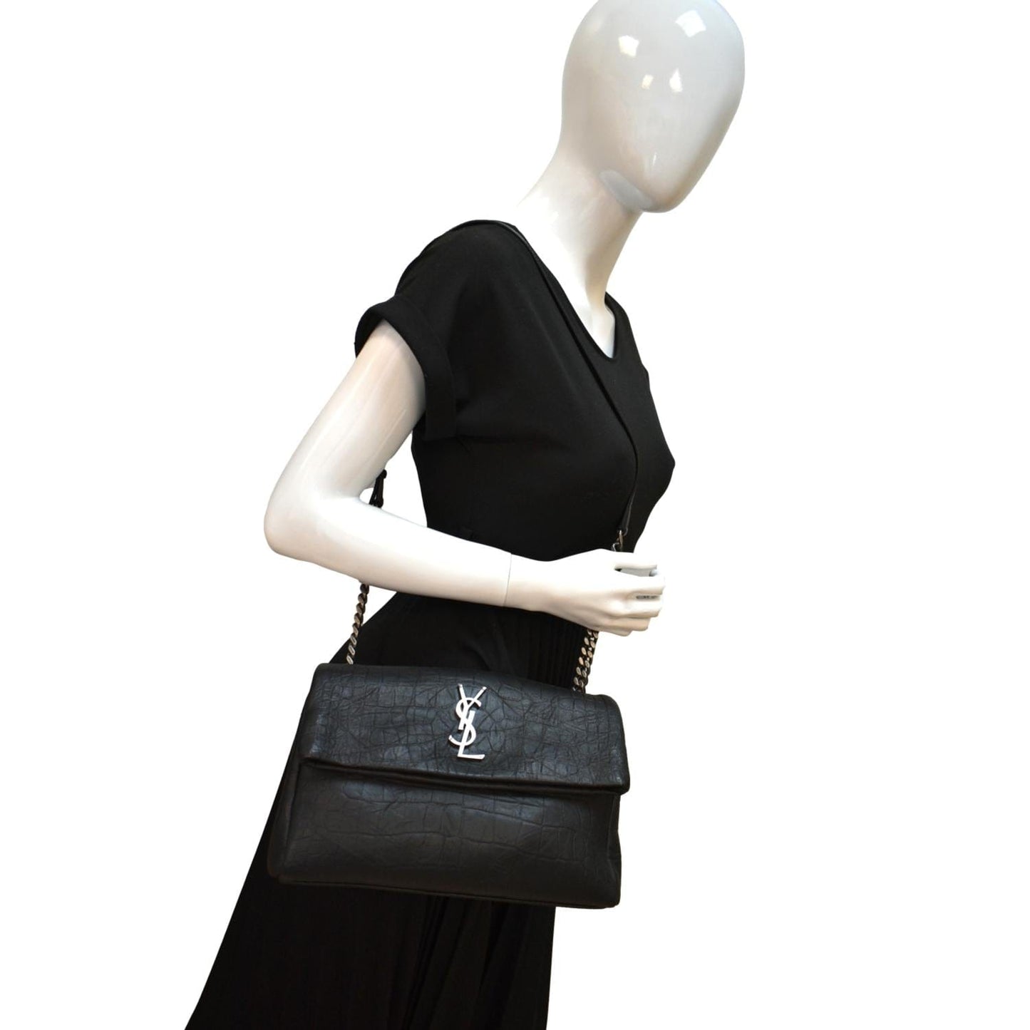 YSL Saint Laurent Saint West Hollywood Fold Over Croc Embossed Black Crossbody Bag