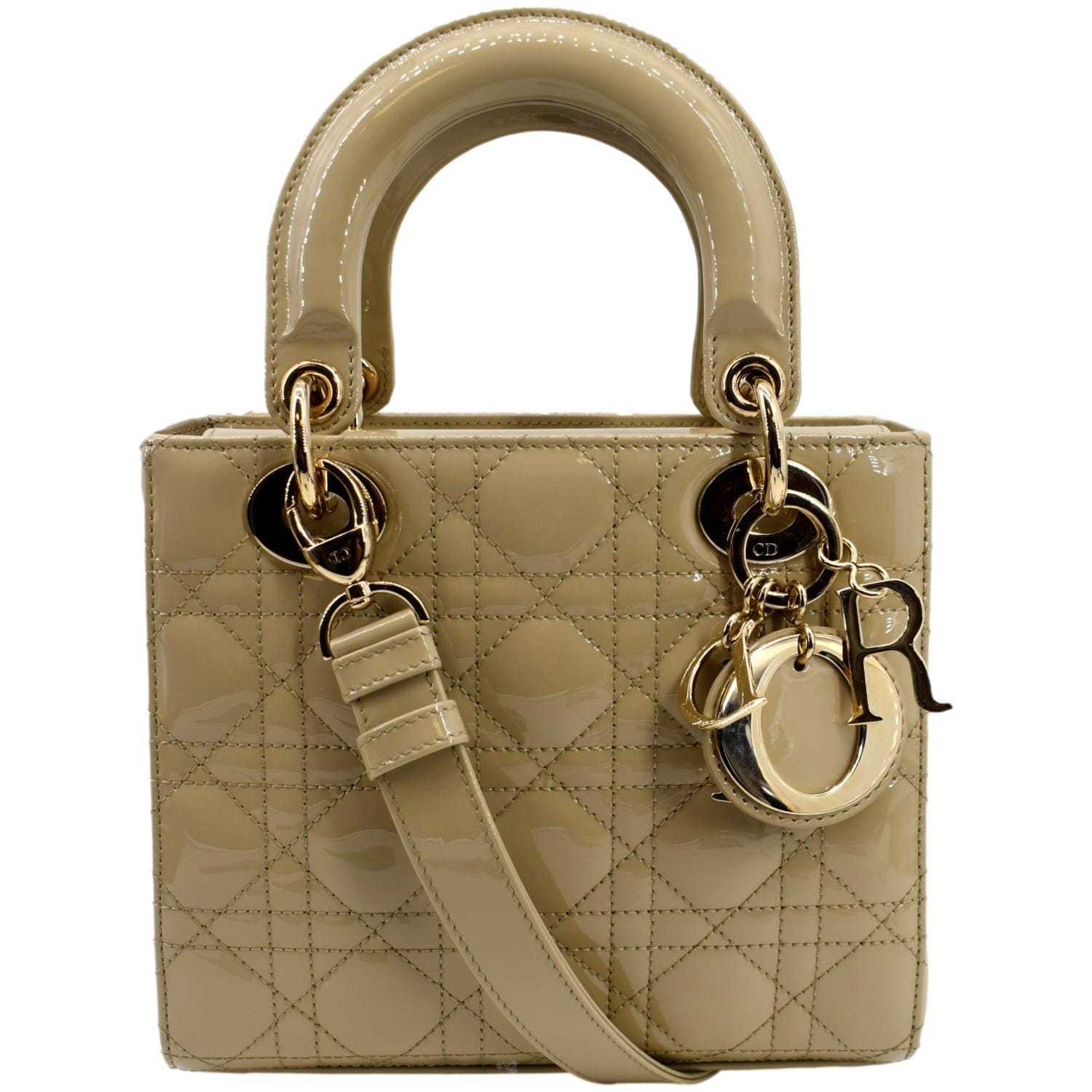 Dior Lady Patent Shoulder Bag Leather Beige