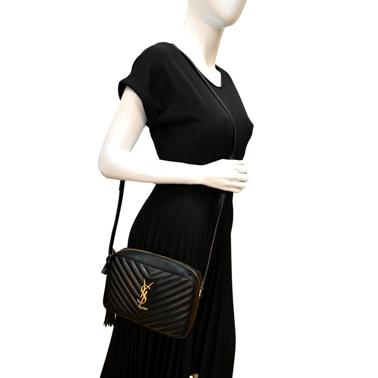 YSL Saint Laurent Yves Lou Chevron Camera Crossbody Bag Leather Black 3