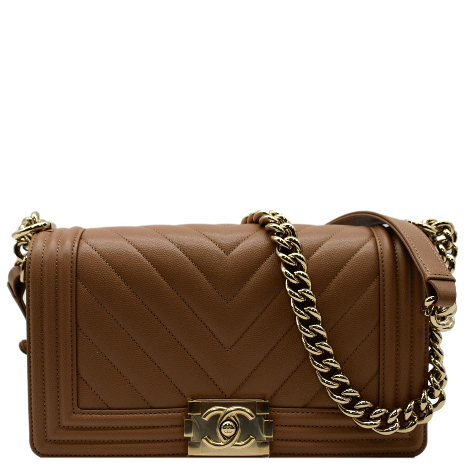 Chanel Boy Flap Chevron Caviar Leather Beige Travel Bag