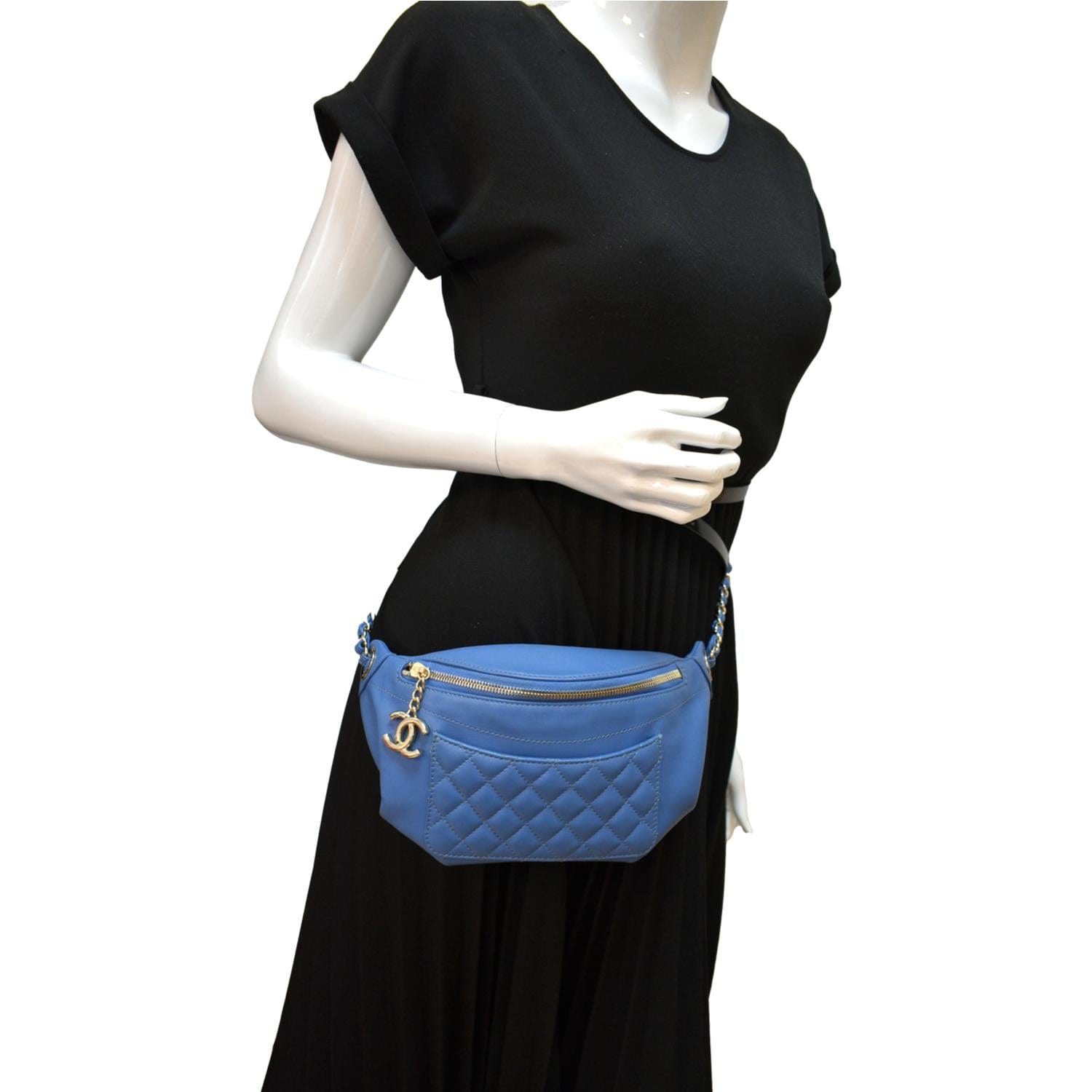 Chanel Bi Classic Quilted Waist Leather Lambskin Blue Travel Bag