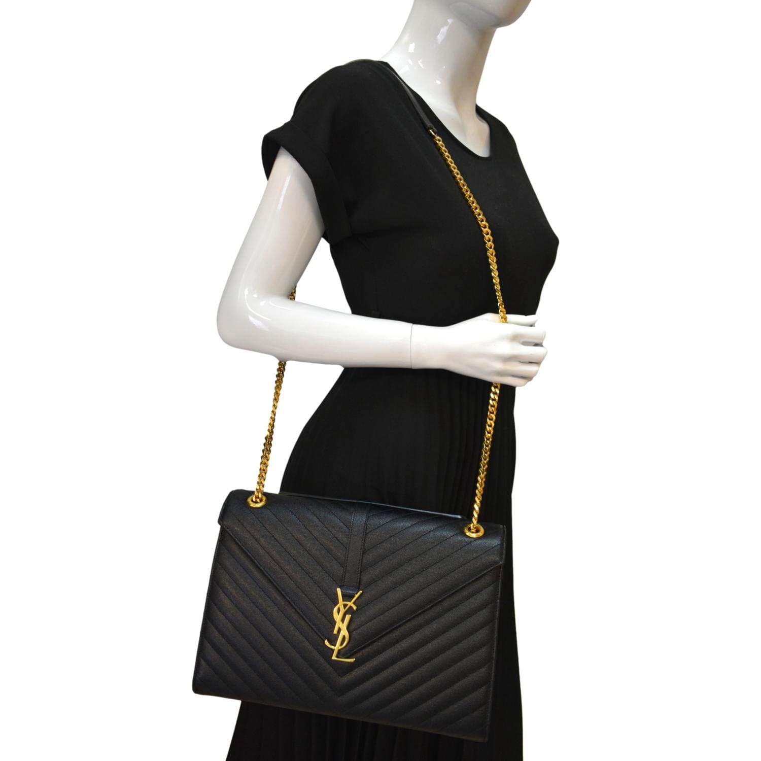 YSL Saint Laurent Yves Envelope Mix Grain De Poudre Shoulder Bag Matelasse Black Large