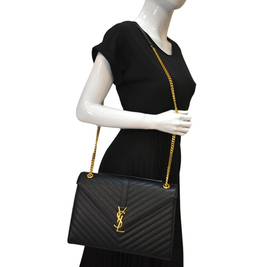 YSL Saint Laurent Yves Envelope Mix Grain De Poudre Shoulder Bag Matelasse Black Large