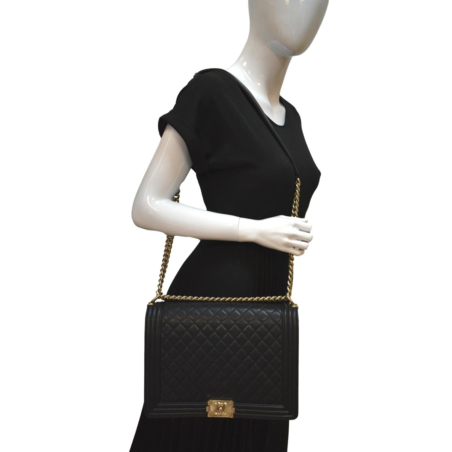 Chanel Boy Flap Caviar Leather Black Travel Bag Bag Large
