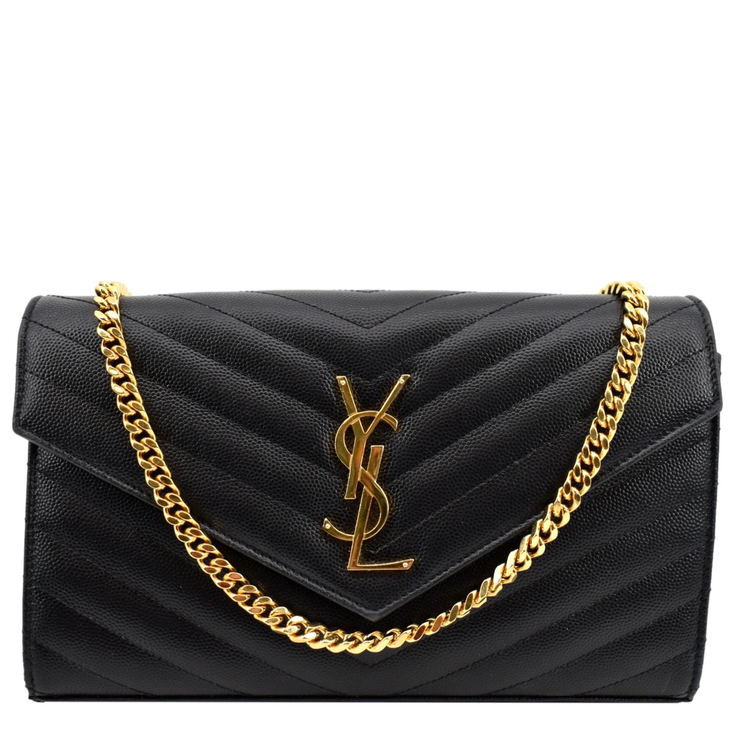 YSL Saint Laurent Yves Chevron Grain De Poudre Envelope Bag Black Chain Shoulder Bag
