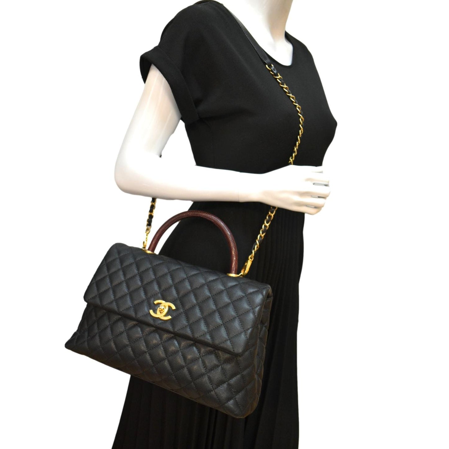 Chanel Coco Quilted Caviar Lizard Handle Black Travel Bag