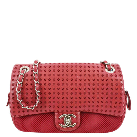 Chanel Flap Perforated Leather Shoulder Bag Red