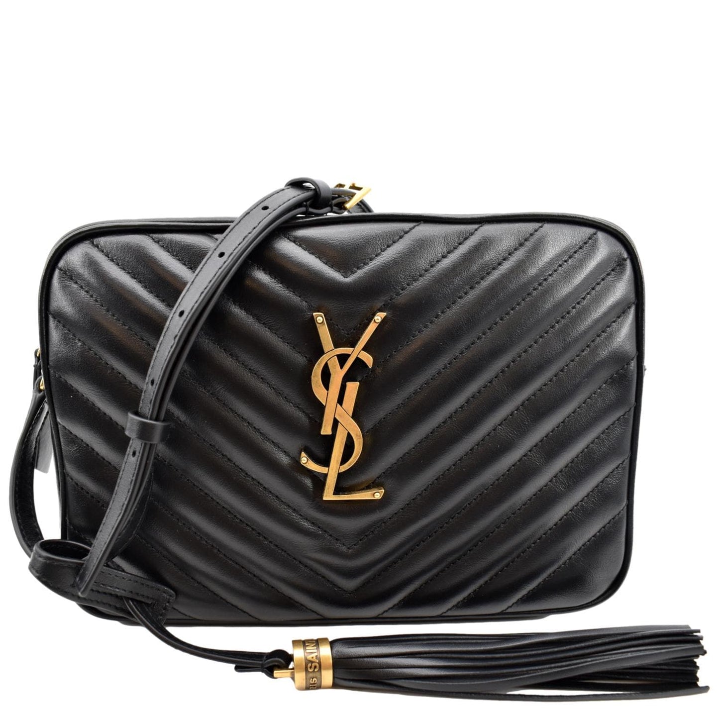 YSL Saint Laurent Yves Lou Camera Chevron Crossbody Bag Leather Black Laurent Camera Lou