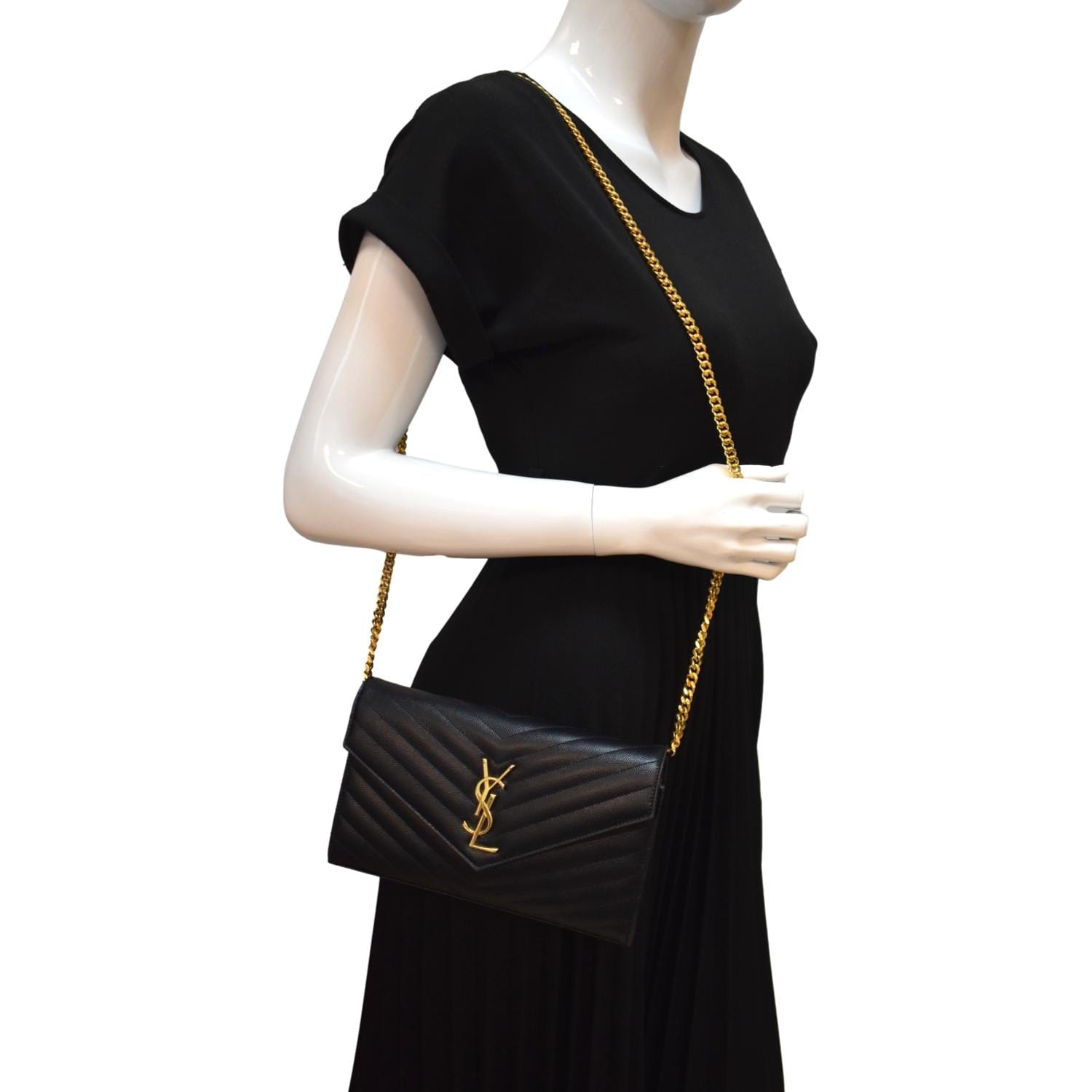YSL Saint Laurent Yves Chevron Grain De Poudre Envelope Bag Black Chain Shoulder Bag