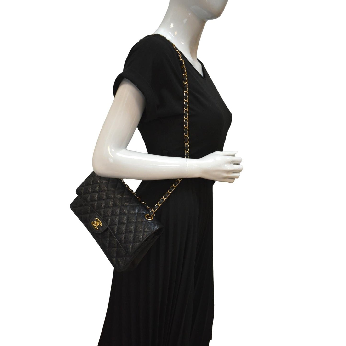 Chanel Classic Double Flap Caviar Leather Black Travel Bag Flap 2