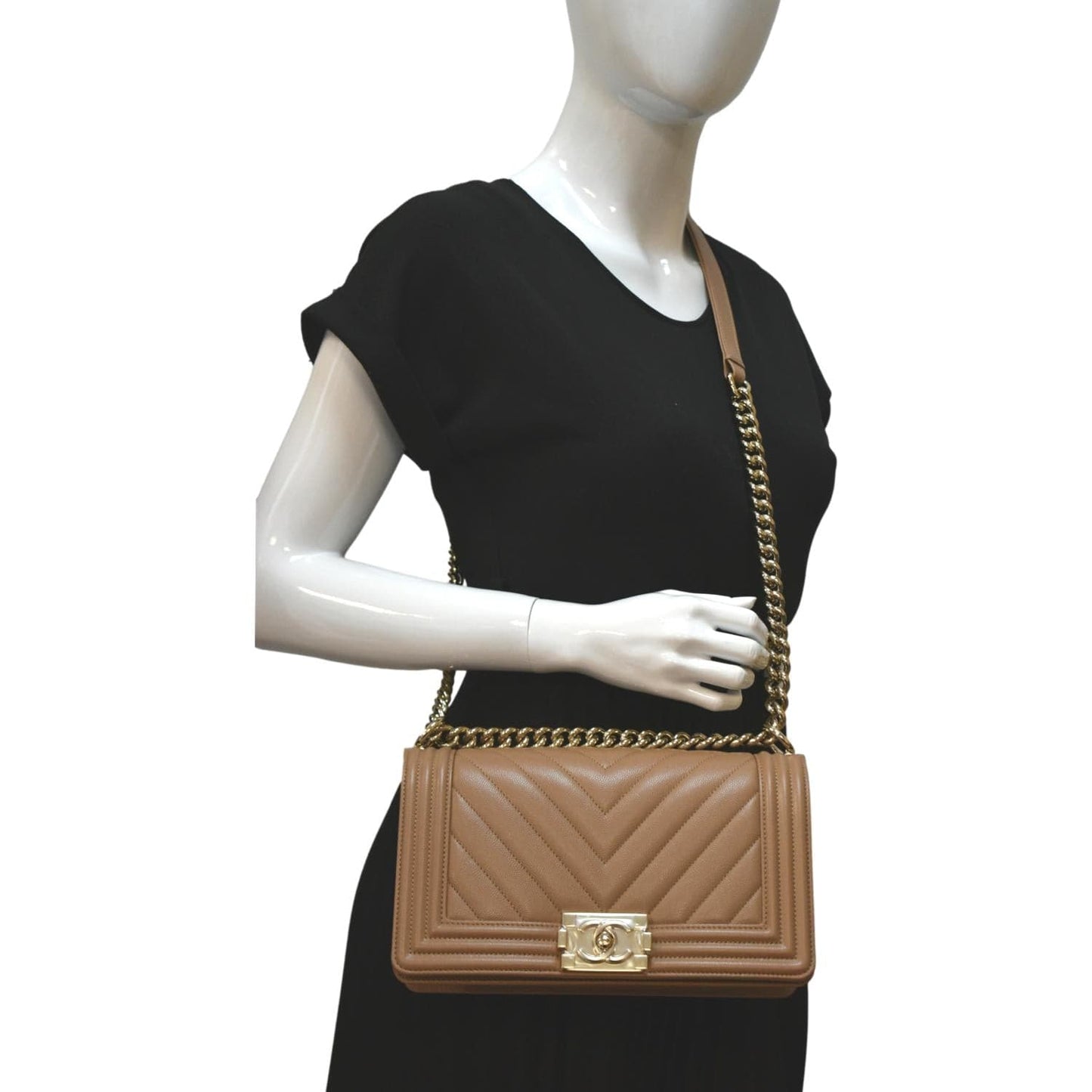 Chanel Boy Flap Chevron Caviar Leather Beige Travel Bag