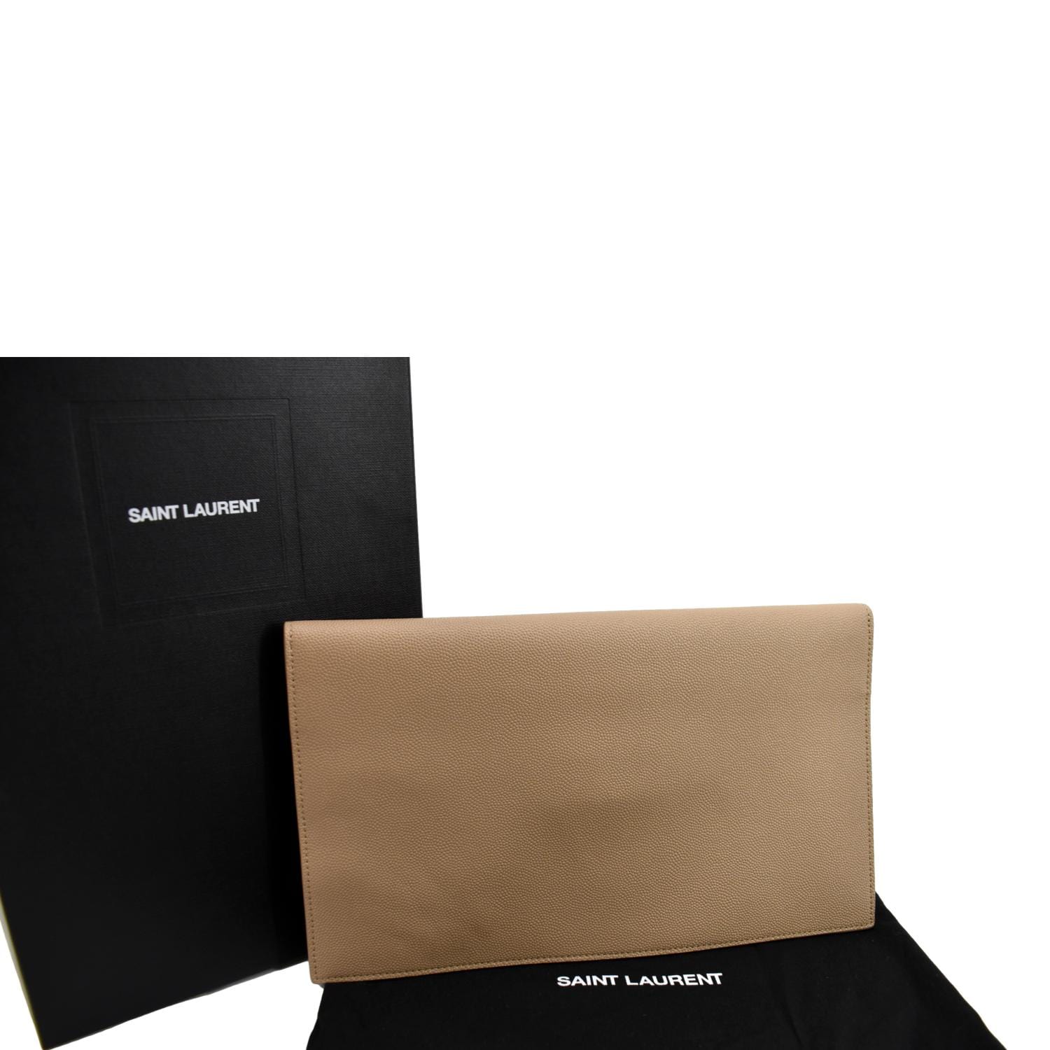YSL Saint Laurent Saint Uptown Envelope Grain De Poudre Clutch Leather Beige Clutch Bag