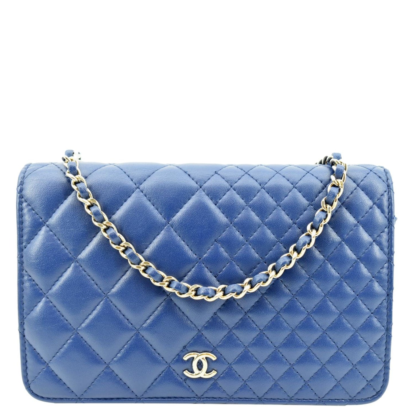 Chanel On Quilted Leather Blue Wallet Case Chain 1