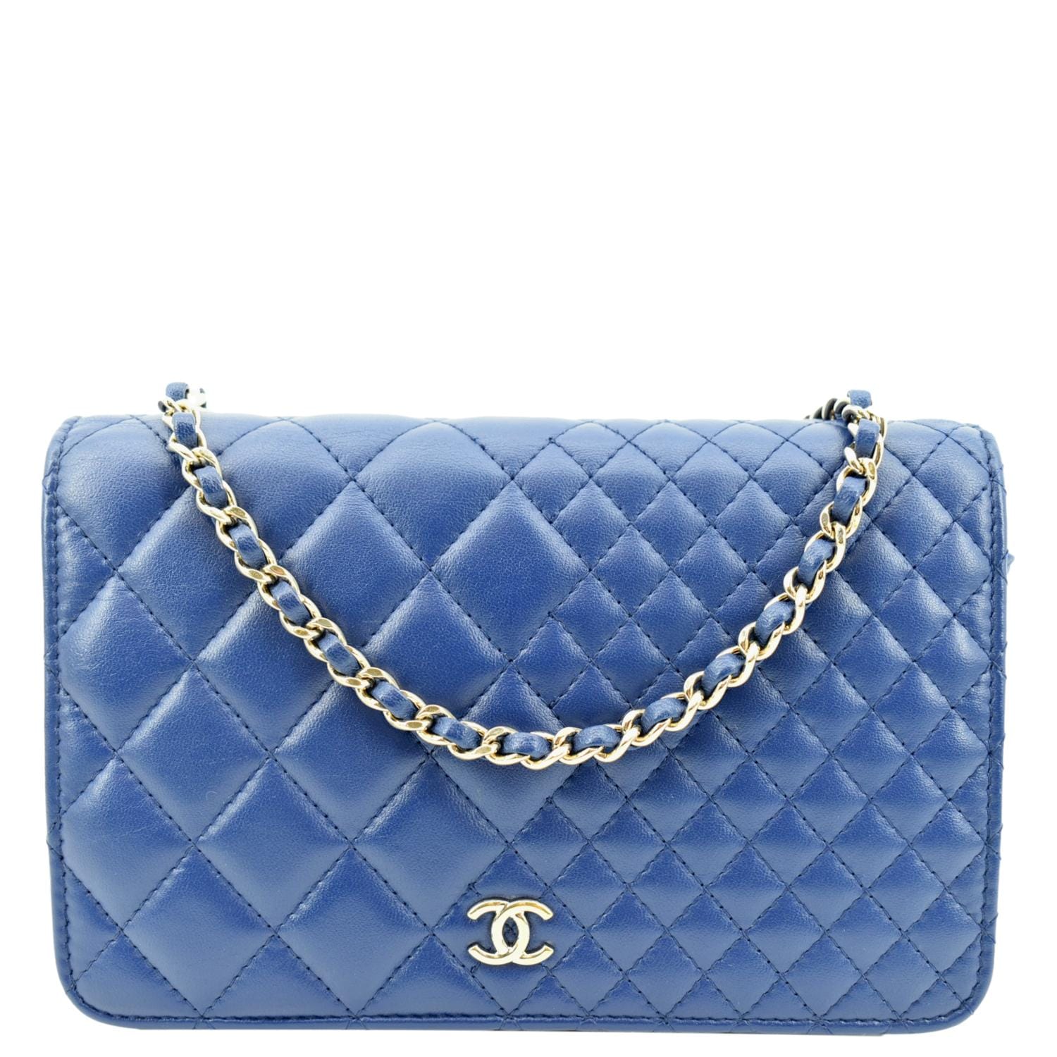 Chanel On Quilted Leather Blue Wallet Case Chain 1