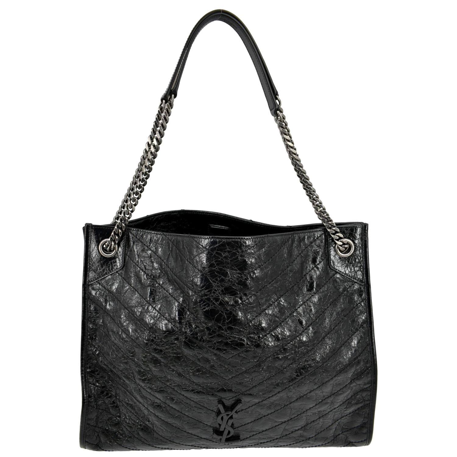 YSL Saint Laurent Yves Niki Crinkle Shopper Tote Bag Leather Black Large Laurent Niki Large
