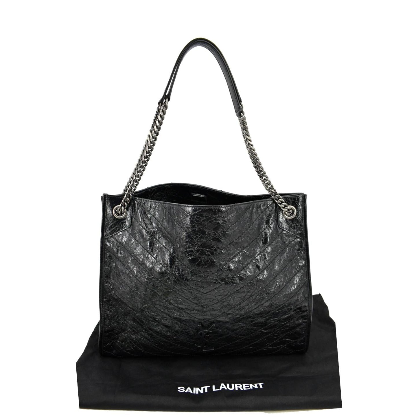 YSL Saint Laurent Yves Niki Crinkle Shopper Tote Bag Leather Black Large Laurent Niki Large