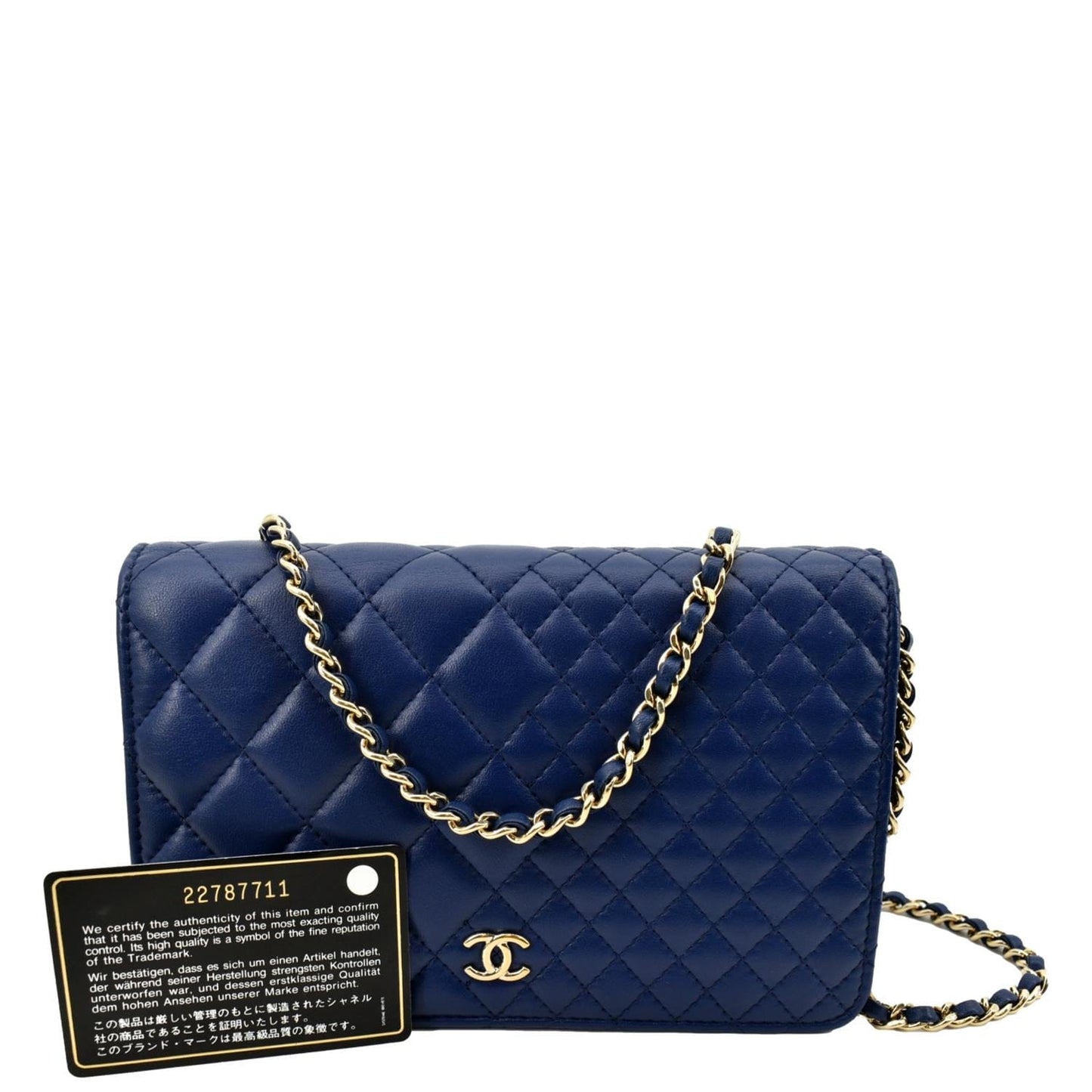 Chanel On Quilted Leather Blue Wallet Case Chain 1