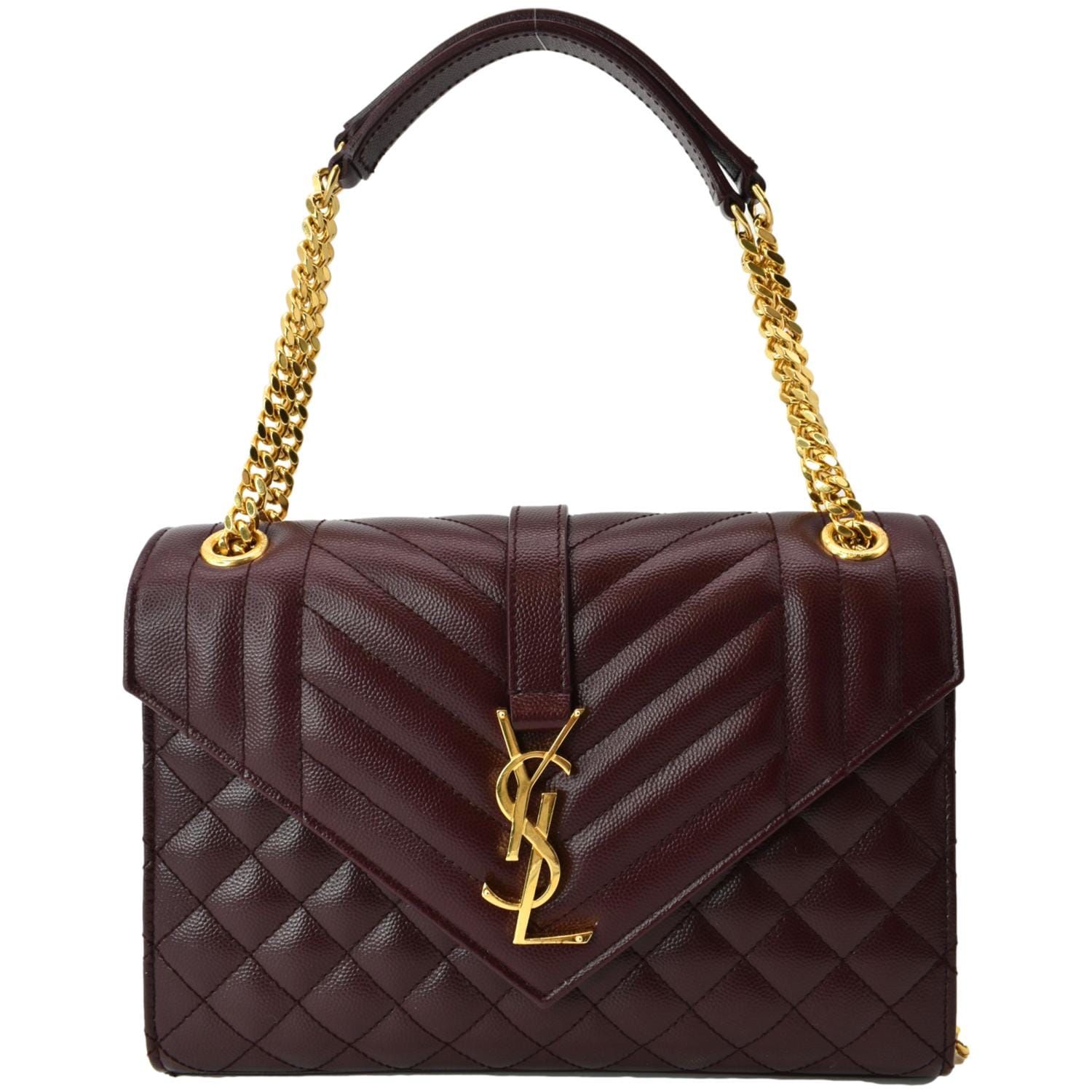 YSL Saint Laurent Yves Envelope Shoulder Bag Maroon Leather Medium Chain