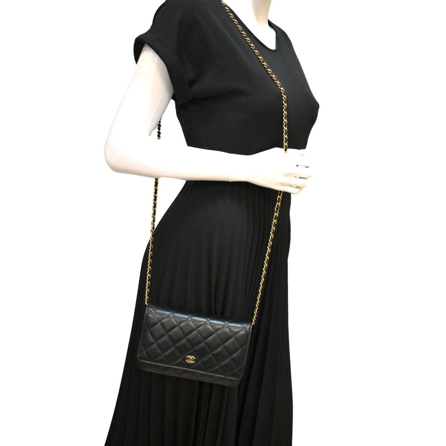 Chanel CC WOC Caviar On Leather Black Wallet Case Chain Woc