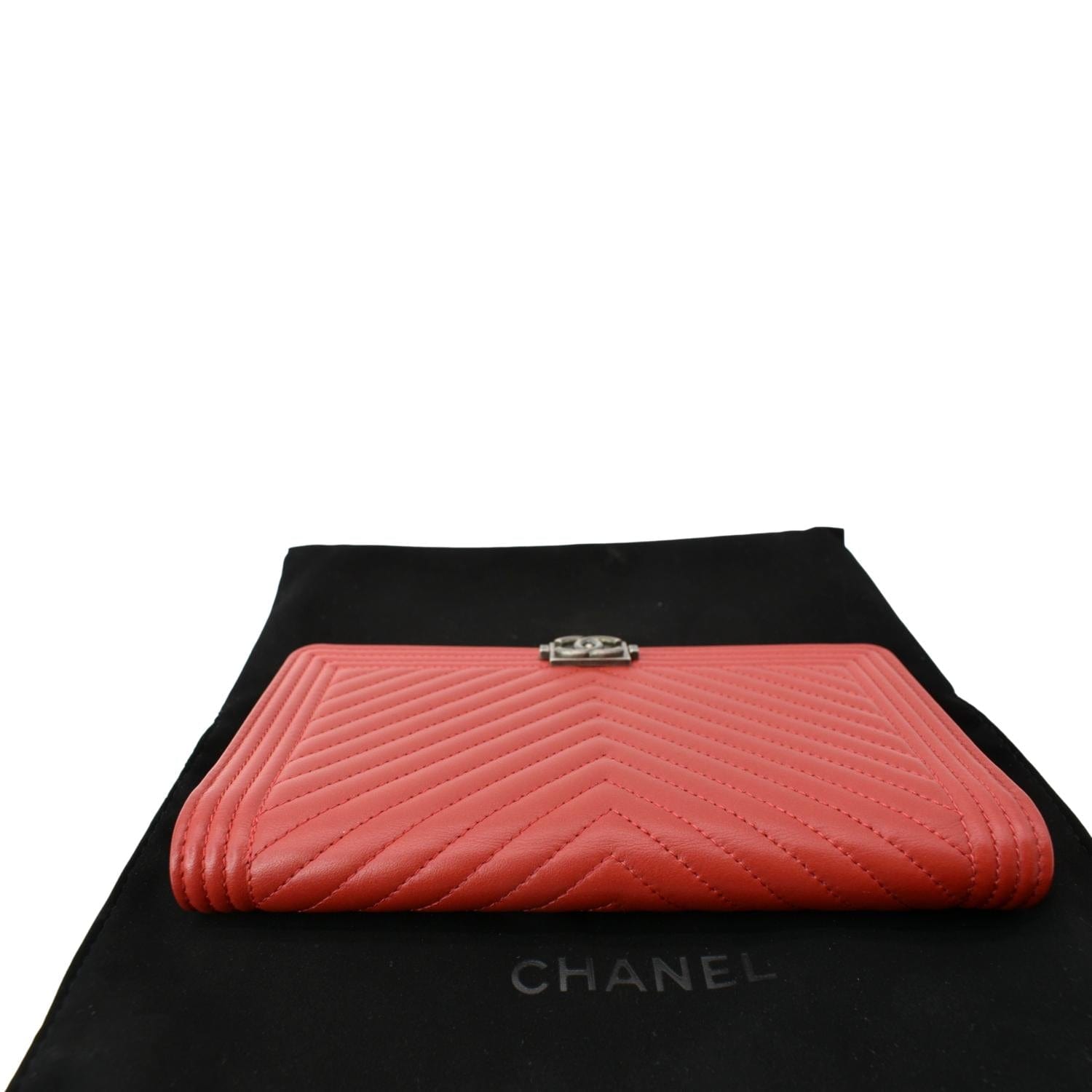 Chanel Women Long Flap Chevron Leather Wallet Red