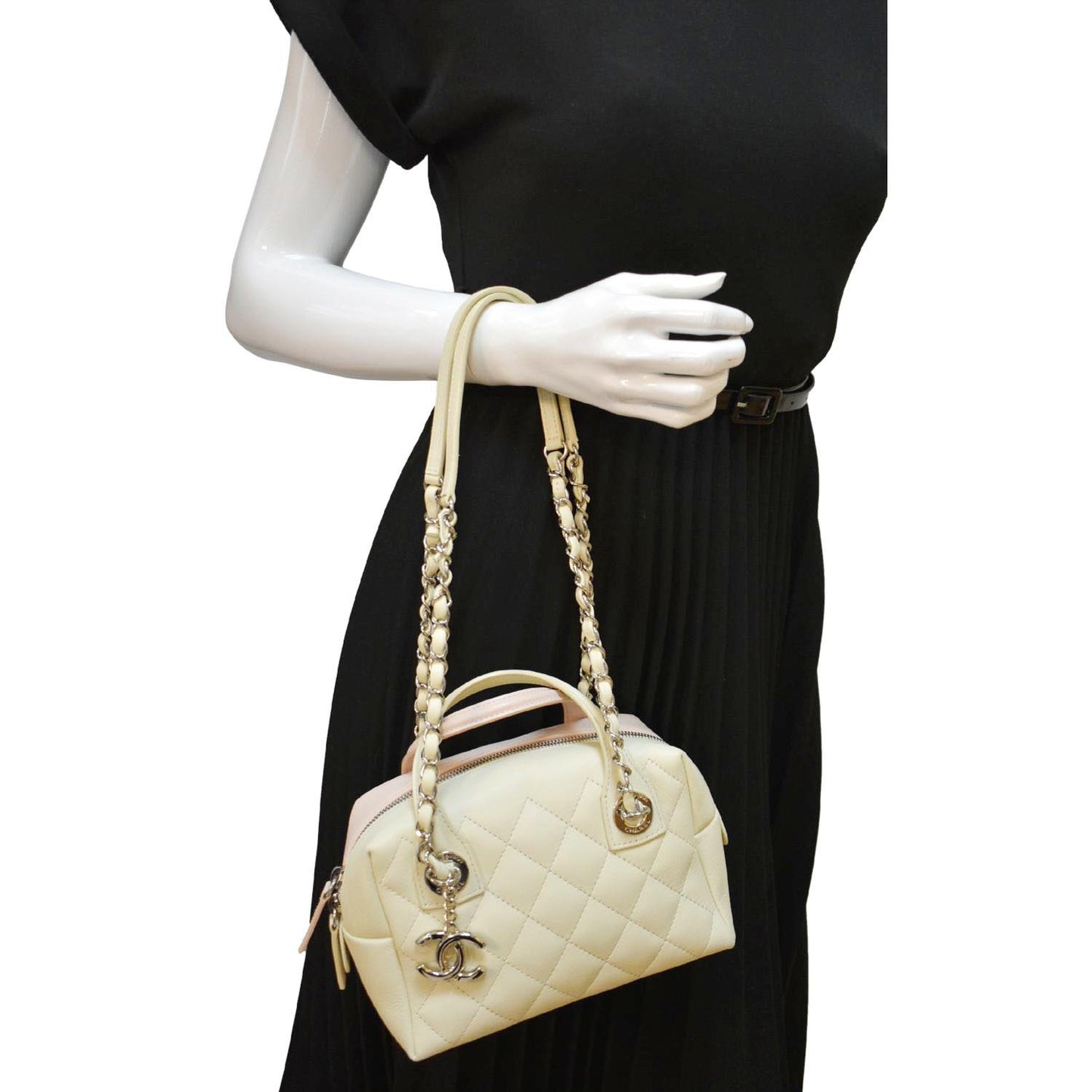 Chanel Feather Weight Quilted Bowling Calfskin Ivory Travel Bag