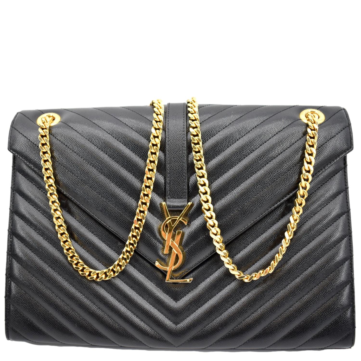YSL Saint Laurent Saint Envelope Mix Grain De Poudre Chain Matelasse Black Shoulder Bag