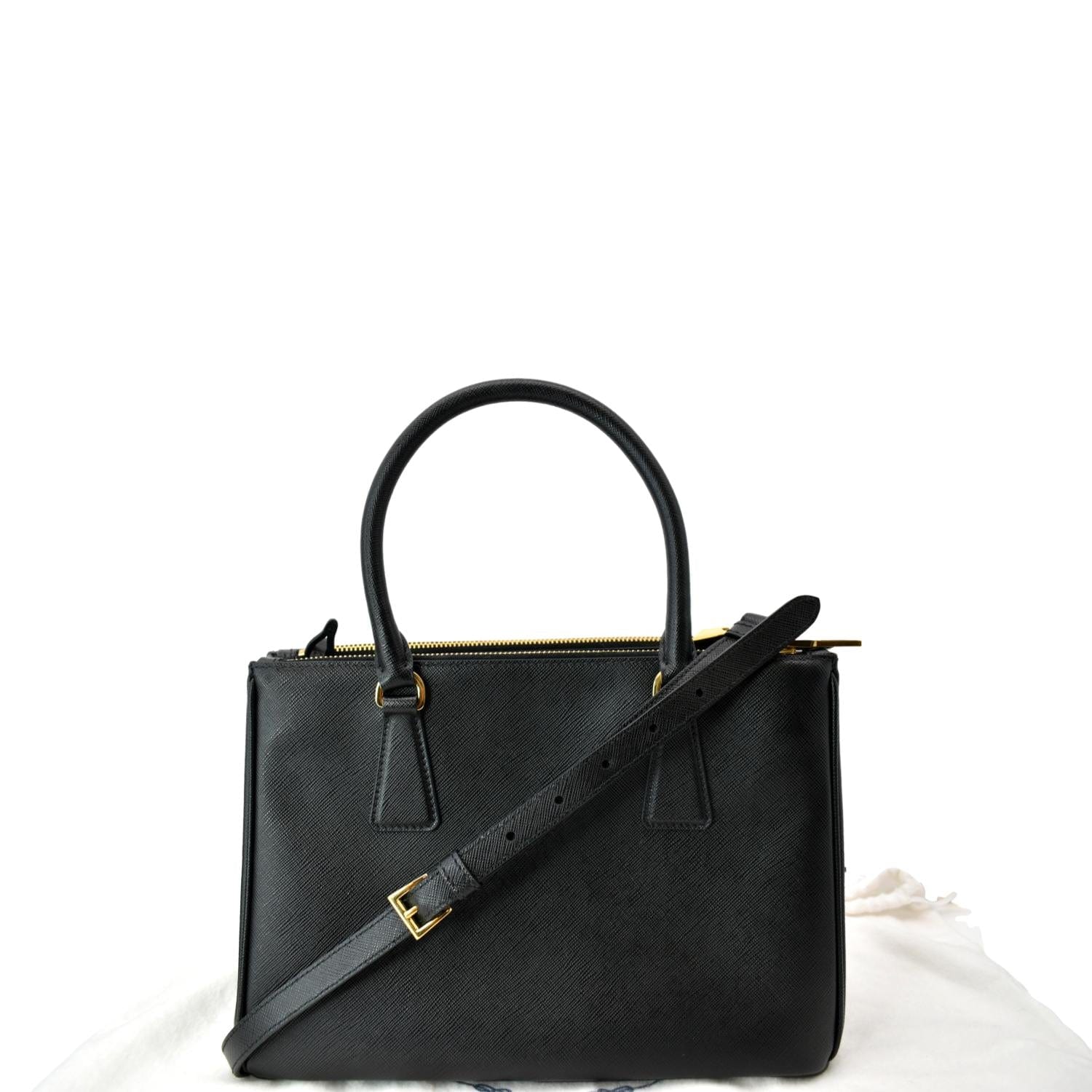 Saffiano Double Zip Tote Shoulder Bag Leather Black