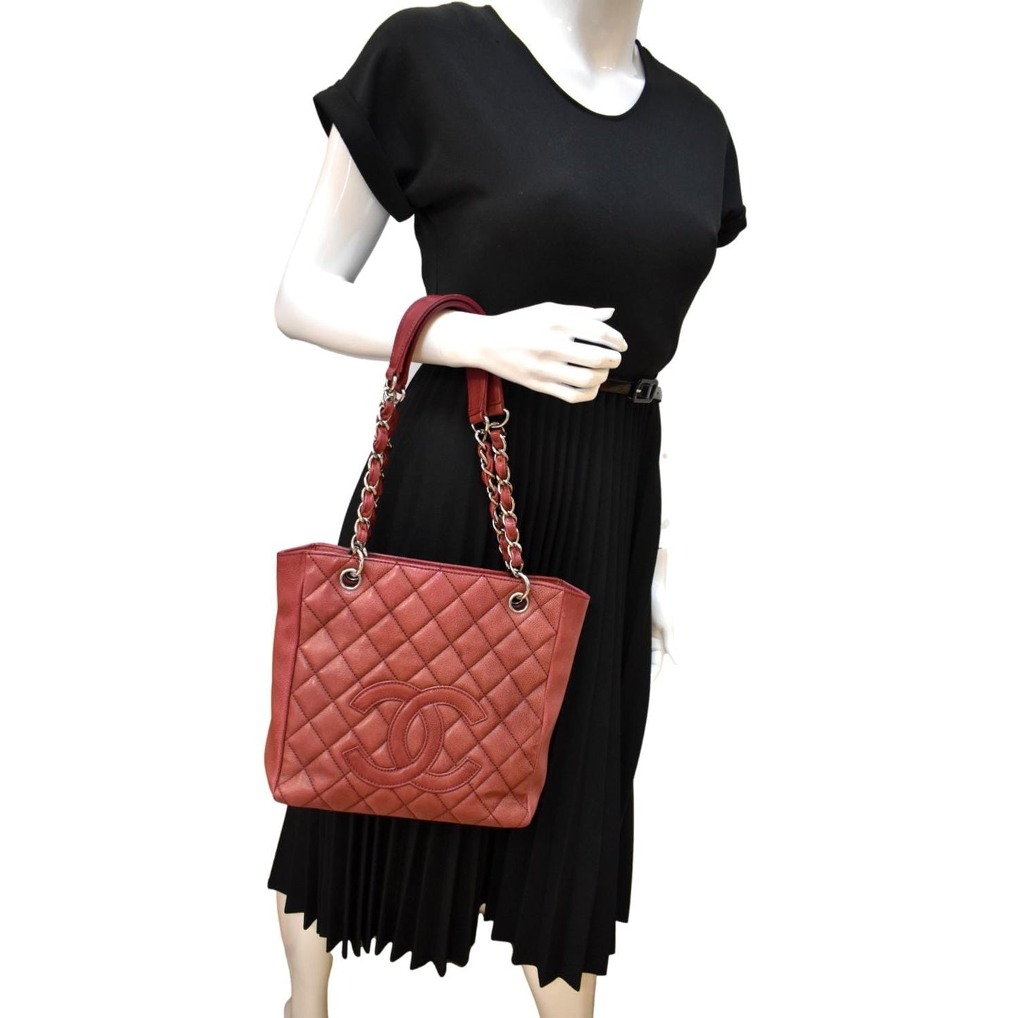 Chanel PST Quilted Caviar Petit Shopping Leather Red Travel Bag