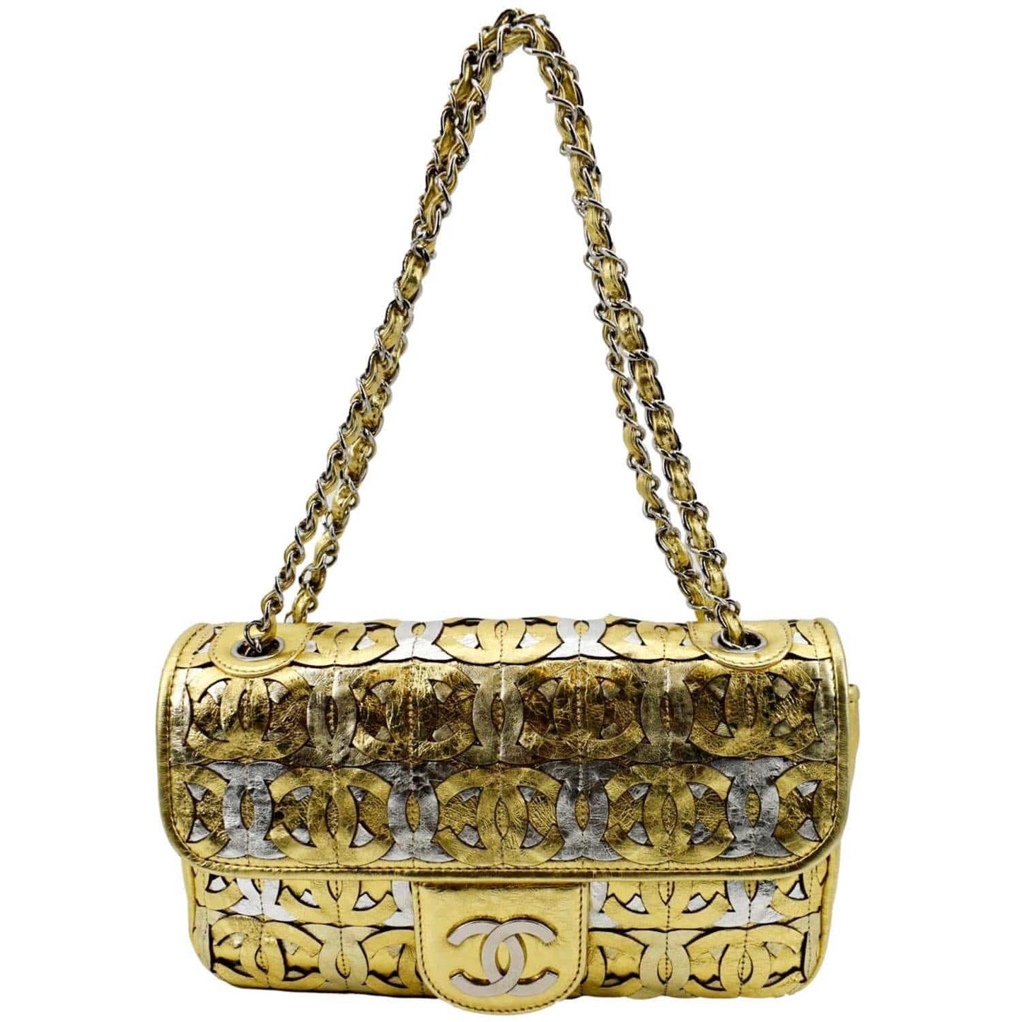 Louis Vuitton CHANEL Mix Flap CC Crackled Calfskin Gold Silver Travel Bag