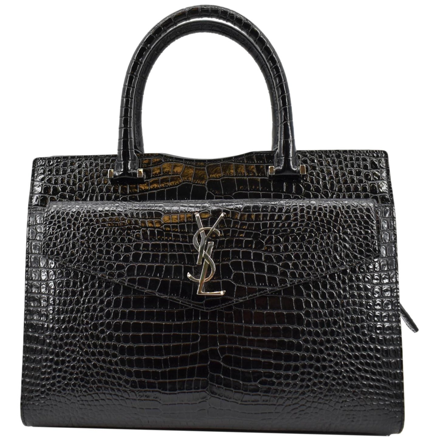 YSL Saint Laurent Saint Uptown Crocodile Calfskin Embossed Tote Bag Black