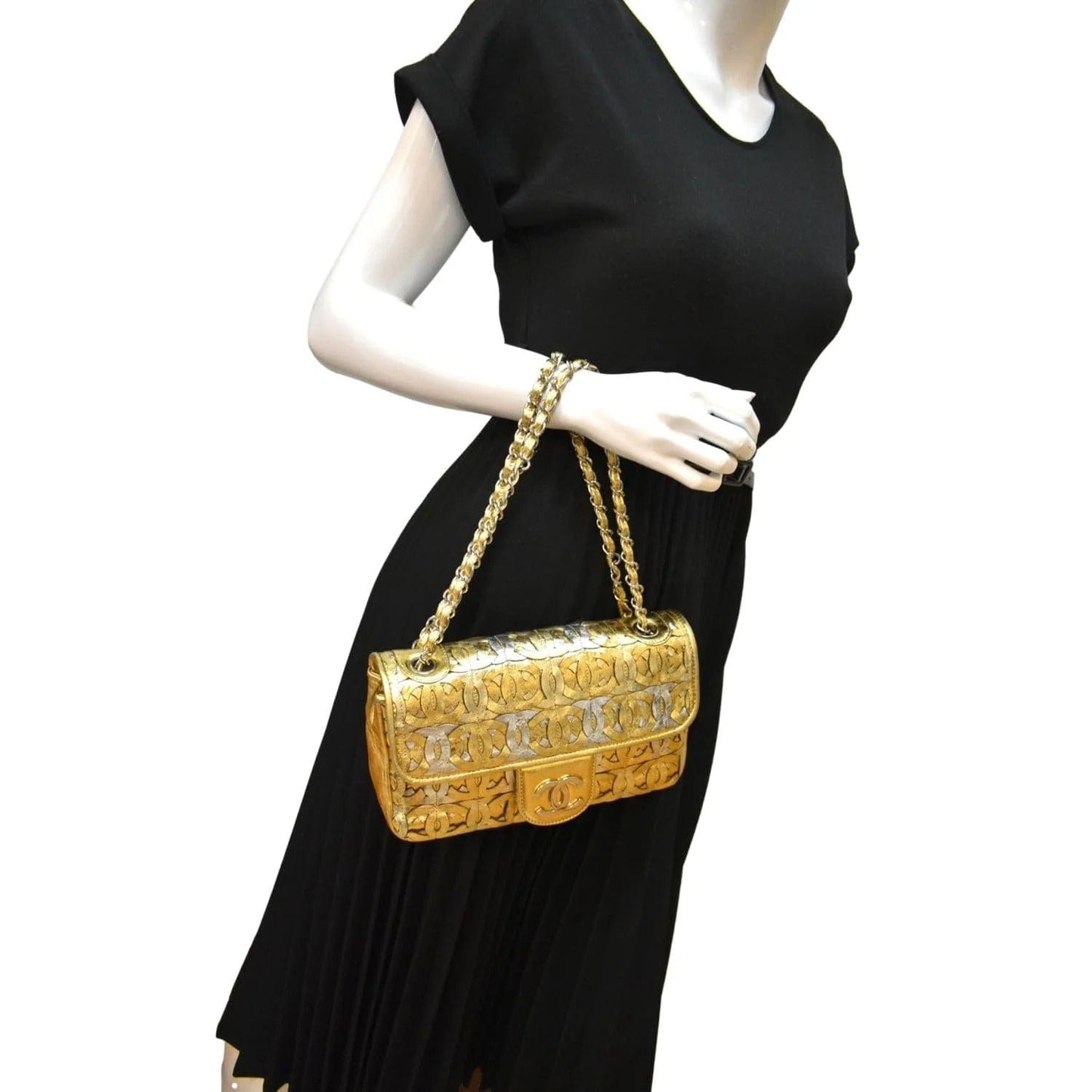 Louis Vuitton CHANEL Mix Flap CC Crackled Calfskin Gold Silver Travel Bag